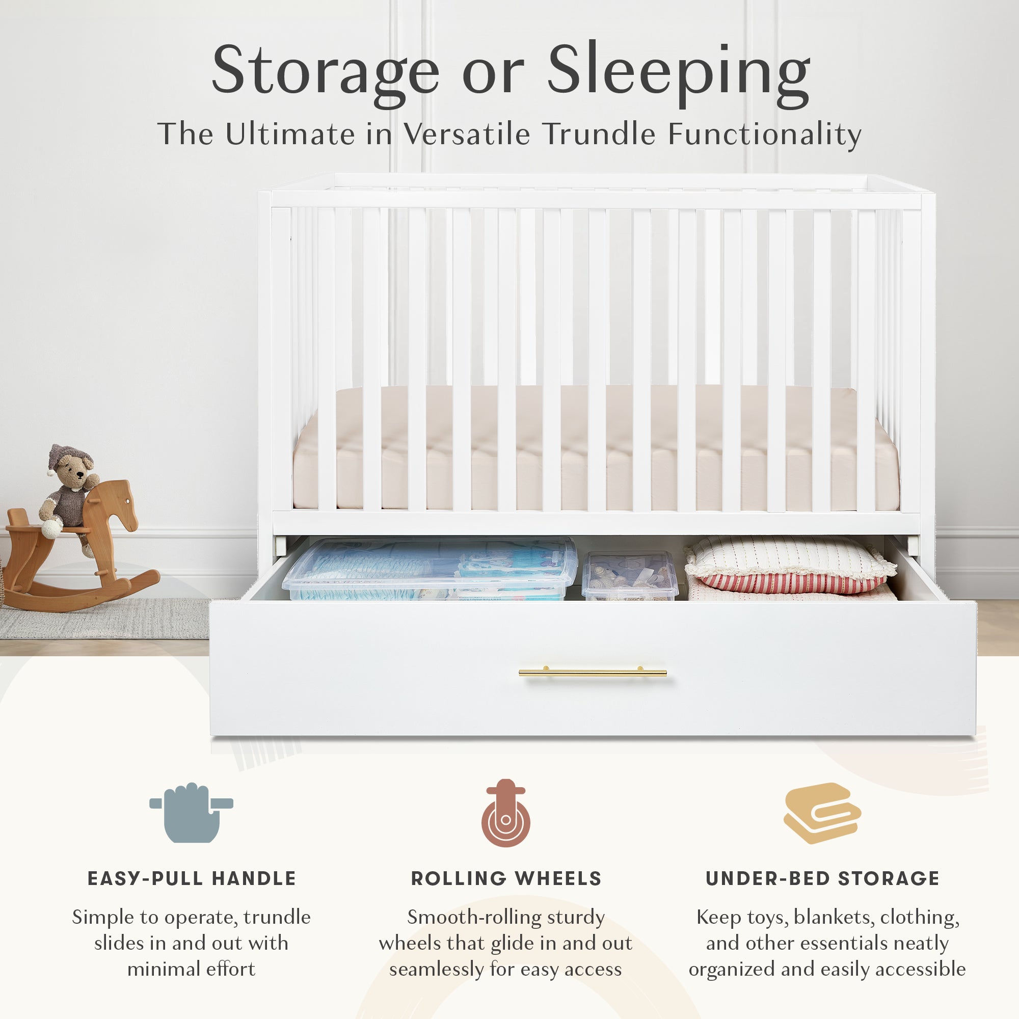 HushCrib 3-in-1 Convertible Baby Crib with Trundle & Mattress Set - White Nursery Furniture for Newborns, Toddlers & Kids - Perfect for Small Spaces & Shared Rooms