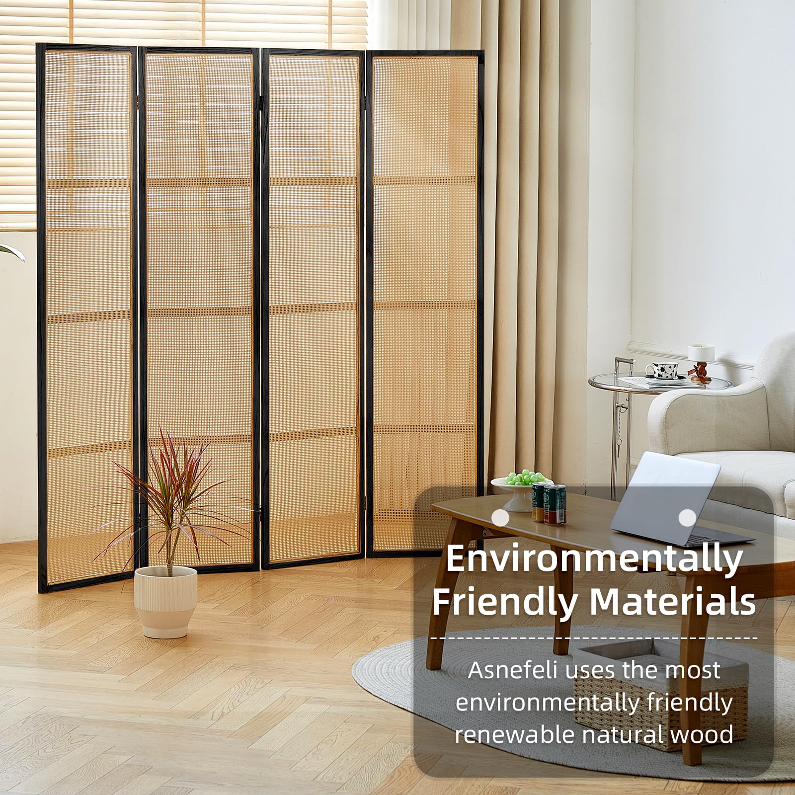 4 Panel Wood Room Divider - 5.6FT Foldable Privacy Screen with Hand-Woven Rattan Design - Freestanding Partition for Home Office, Bedroom, Restaurant & Indoor Decor (Black) - Perfect for Creating Private Spaces & Room Dividers