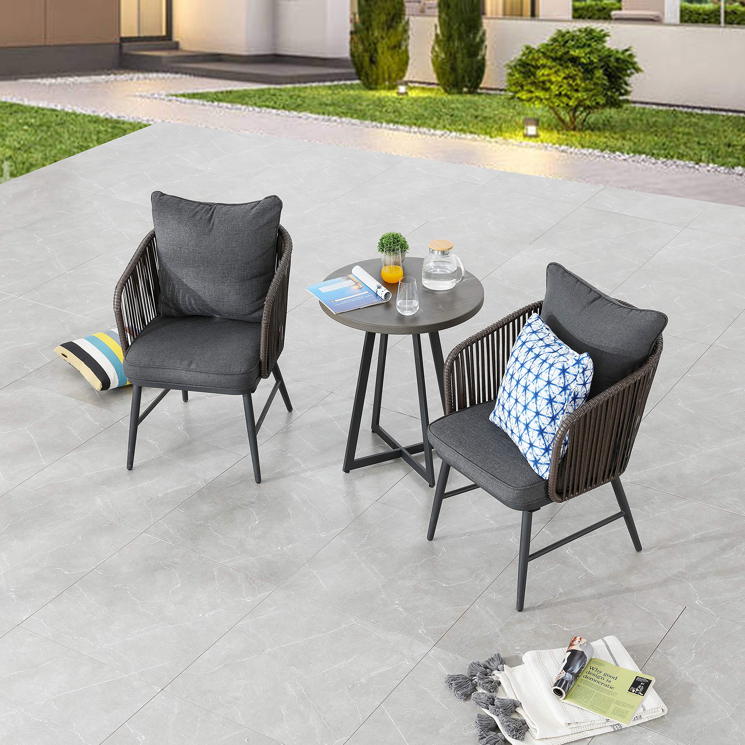 LOKATSE HOME 3-Piece Outdoor Bistro Set - Modern Wicker Patio Furniture with 2 Chairs (Includes Seat & Back Cushions) & 1 Black Coffee Table - Perfect for Balcony, Garden, Deck or Poolside Relaxation