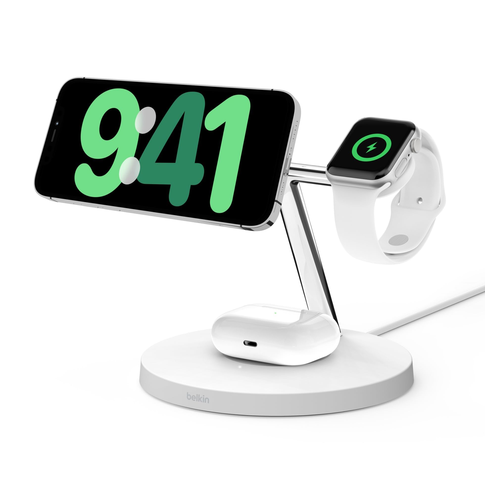 Belkin BoostCharge Pro 3-in-1 Wireless Charger Stand with Qi2 Technology - Fast 15W Charging for iPhone 16/15/14/13/12, Apple Watch & AirPods - Magnetic Alignment - Sleek White Design - Perfect for Home, Office & Travel