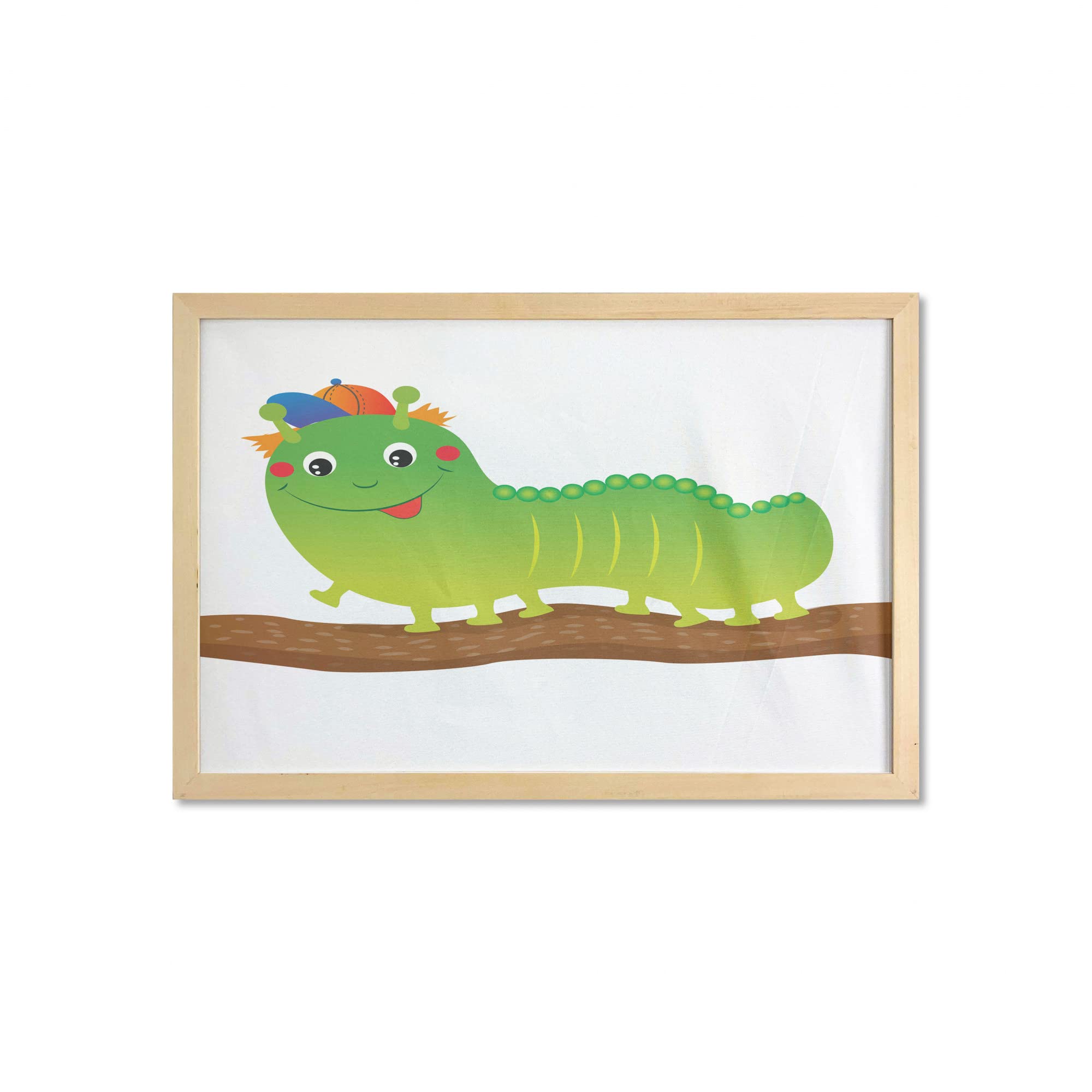 Ambesonne Caterpillar Wall Art with Frame - Green Bug Animal Illustration Print on Fabric Poster for Home Decor (35x23 Inch) - Perfect for Bathroom, Living Room, Dorm & Kids Bedroom - Nature Inspired Green Brown Orange Design