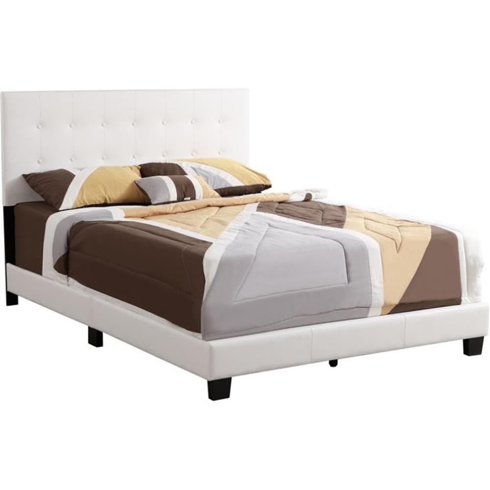 Glory Furniture Caldwell White Faux Leather Upholstered Queen Size Bed Frame - Modern Bedroom Furniture for Home & Guest Room Decor