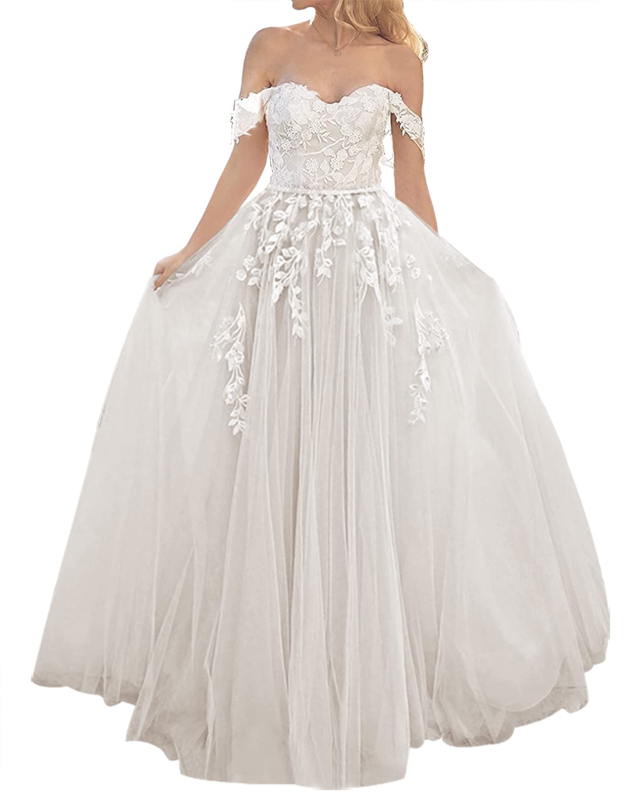 Elegant Off-The-Shoulder Lace Wedding Dress with Tulle Skirt - A-Line Bridal Gown for Romantic Weddings, Beach Ceremonies & Formal Receptions
