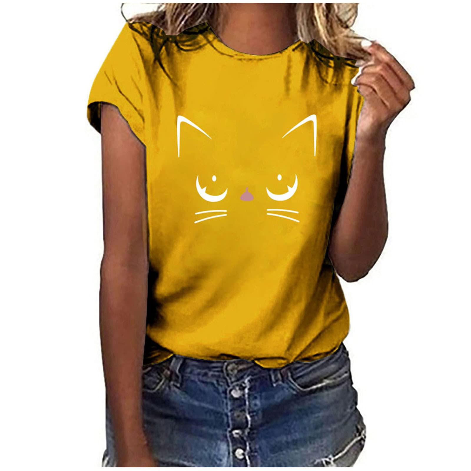 Women's Cat Print Short Sleeve T-Shirt - Casual Crewneck Top, Summer Blouse for Workout & Office | Cute Junior Tee for Everyday Wear & Cat Lovers