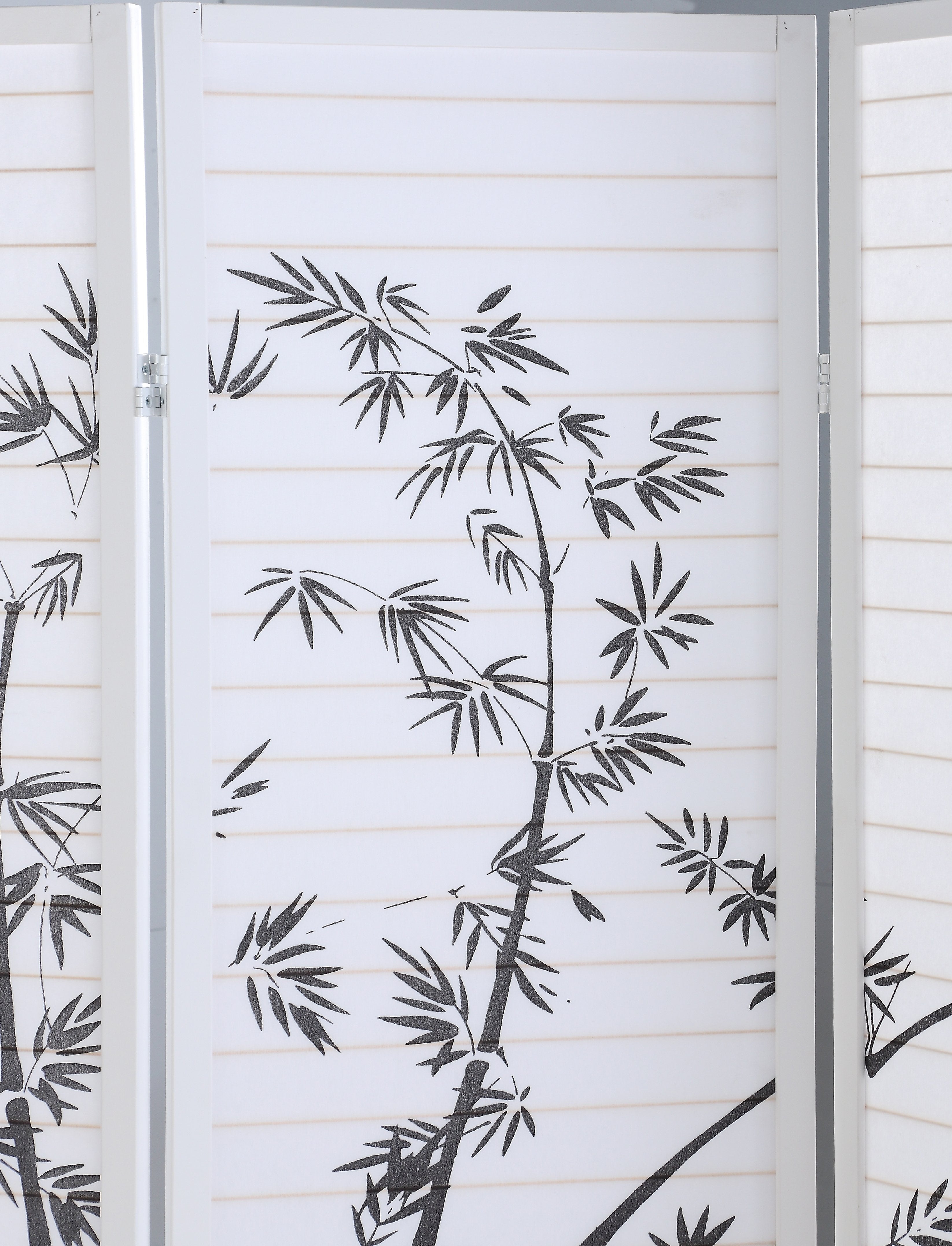 Roundhill Furniture Bamboo Print 4-Panel Folding Room Divider Screen - White Privacy Partition for Home, Office & Studio Decor - Perfect for Living Room, Bedroom Separation and Space Division