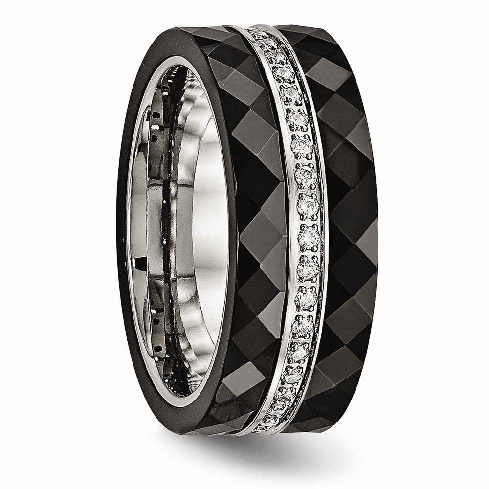 Stainless Steel Polished Faceted Black Ceramic CZ Ring for Men & Women - Elegant Wedding Band, Anniversary Gift, Fashion Jewelry for Everyday Wear