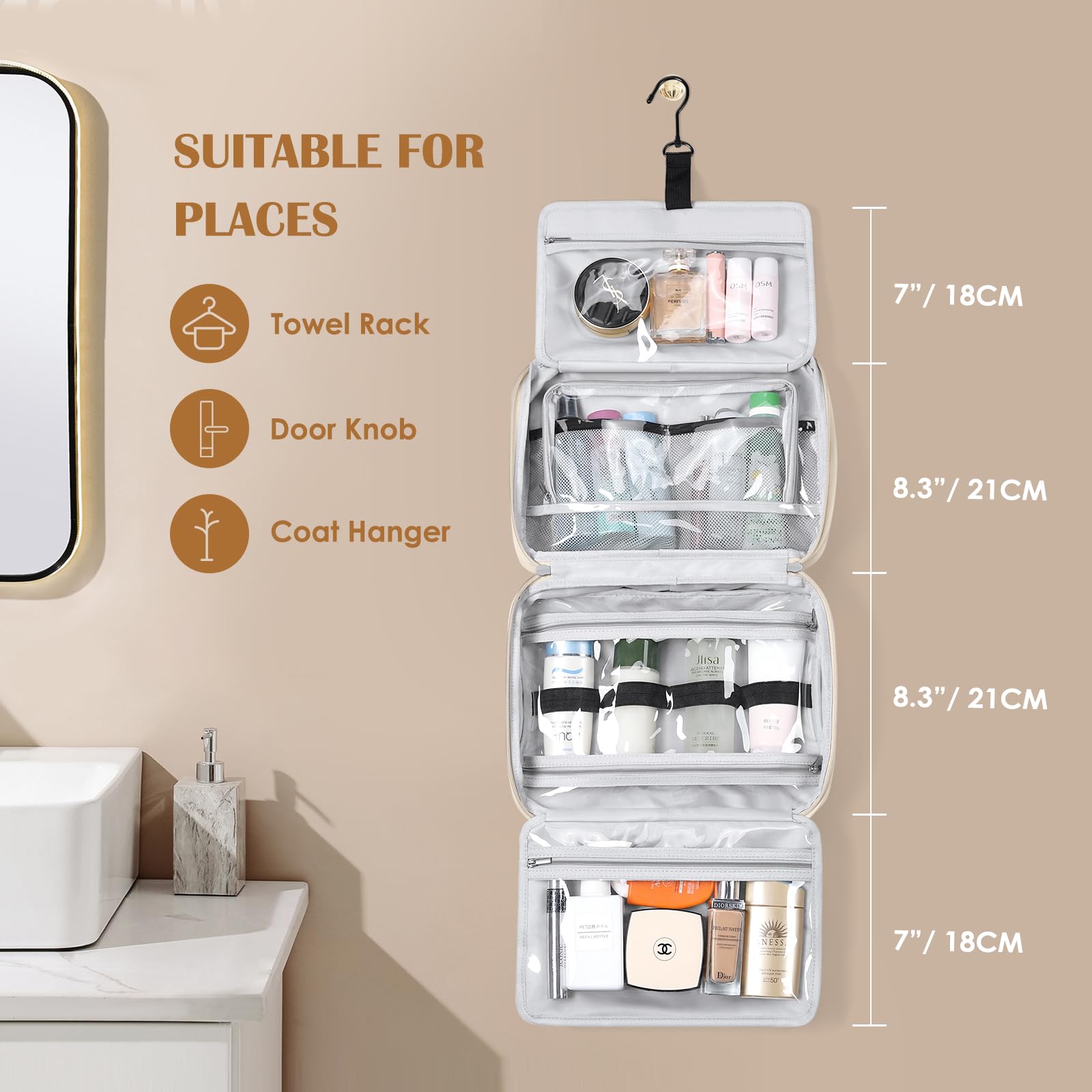 Hanging Travel Toiletry Bag with Jewelry Organizer - Puffy Cosmetic Makeup Bag for Carry-on Essentials & Toiletries (Apricot) - Perfect for Airplane Trips, Camping & Business Travel