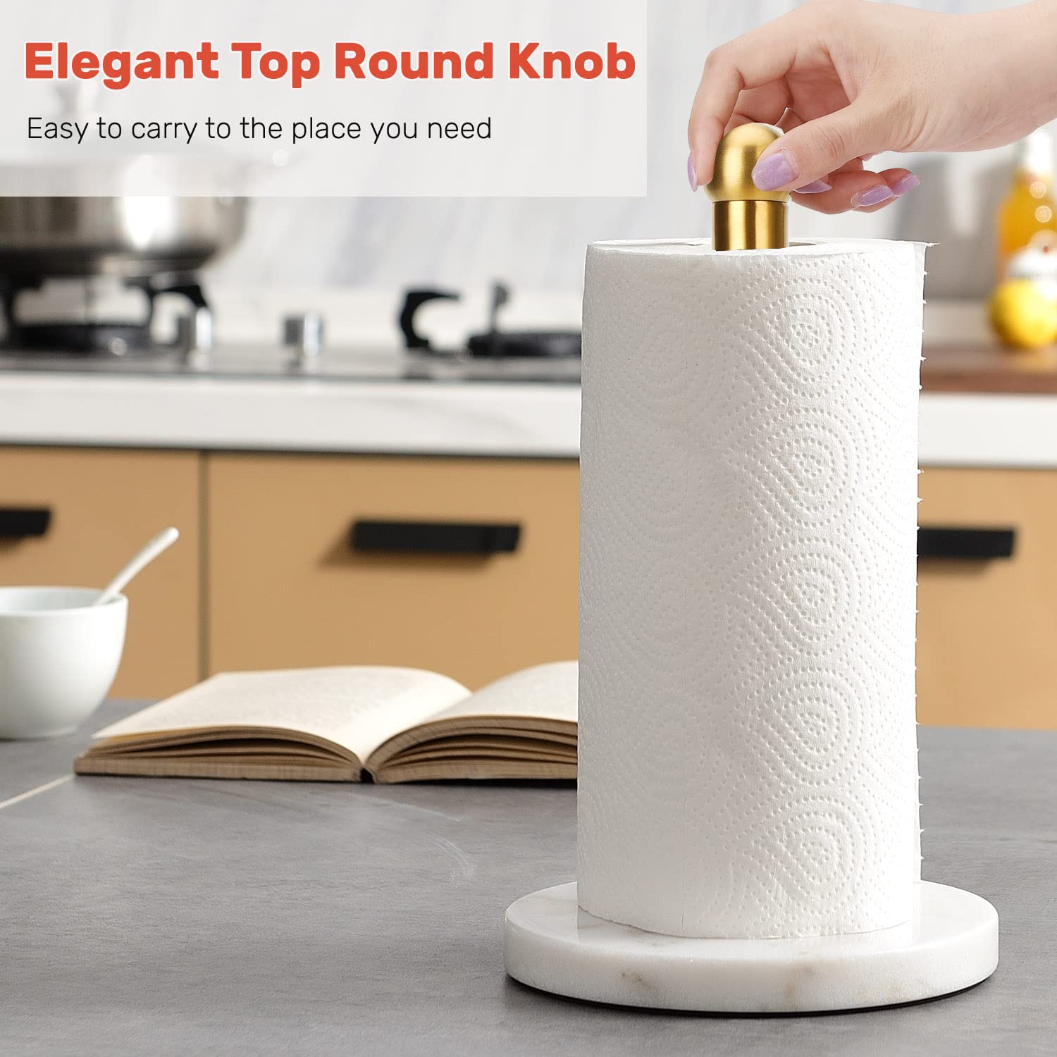 Heavy Duty Weighted Paper Towel Holder - One-Handed Kitchen Paper Towel Dispenser with Sturdy Base for Standard & Mega Rolls (Brushed Gold) | Perfect for Kitchens, Bathrooms & Office Spaces