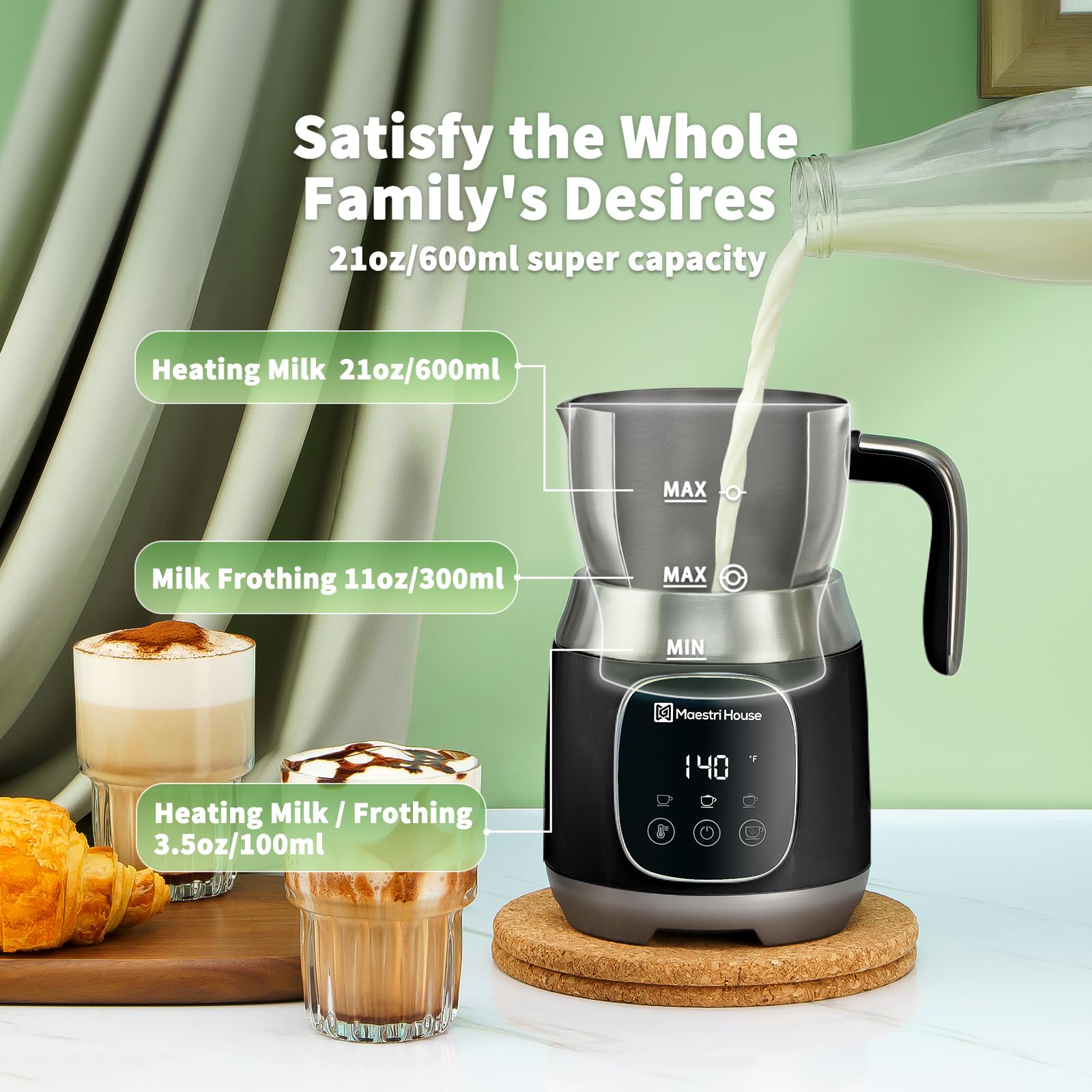 Maestri House 21OZ Smart Milk Frother & Steamer with Variable Temperature & Froth Thickness, Touch Control Milk Warmer for Latte Cappuccino Hot Chocolate, Dishwasher Safe with Memory Function - Perfect for Home Coffee Bars & Office Use