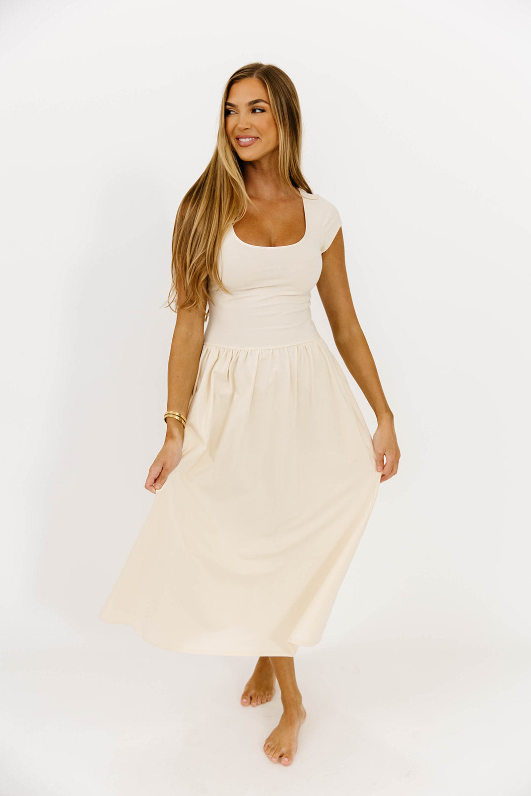 Larissa Women's Cap Sleeve Midi Dress in Ecru - Elegant Casual Summer Dress for Beach, Wedding & Party Occasions
