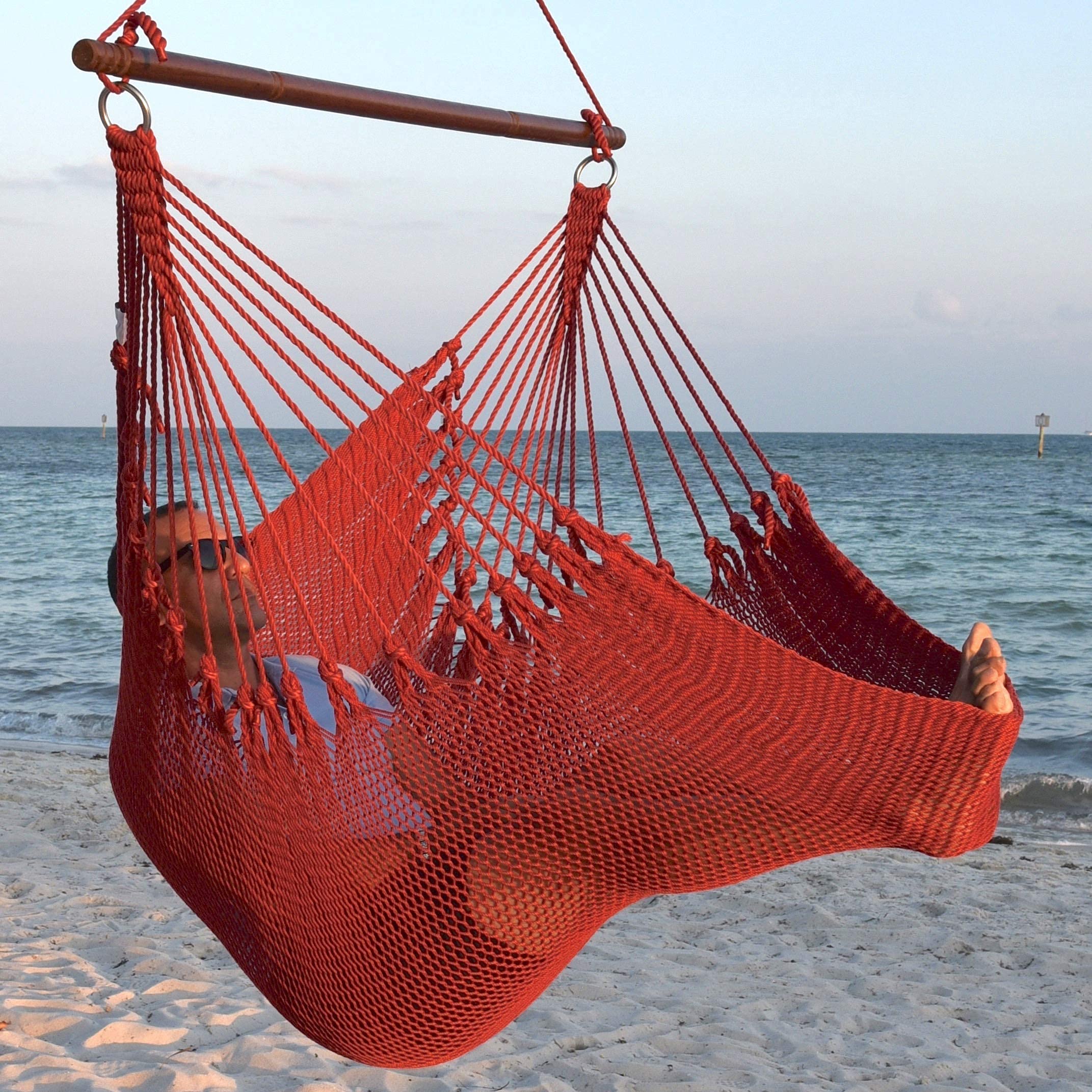 Jumbo Caribbean Hammock Chair with Footrest - 55 Inch Oversized Hanging Swing Chair - Soft-Spun Polyester Fabric - Red Relaxation Chair for Indoor/Outdoor Use - Perfect for Patio, Garden, Balcony & Backyard Lounging