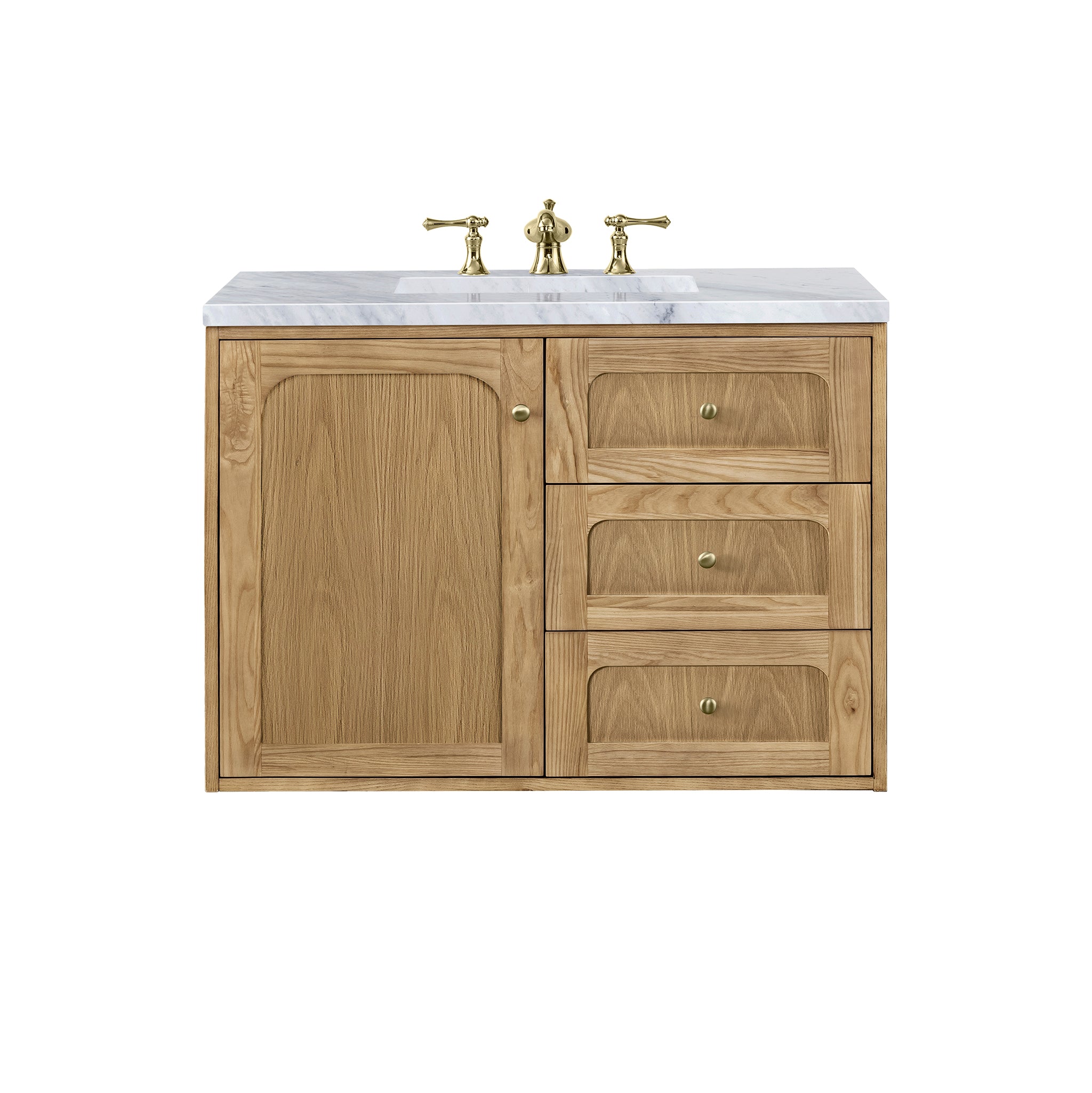 Laurent 36 Inch Single Bathroom Vanity with Light Natural Oak Finish & 3CM Carrara Marble Top - Perfect for Modern Master Bathrooms, Guest Baths & Small Space Remodels
