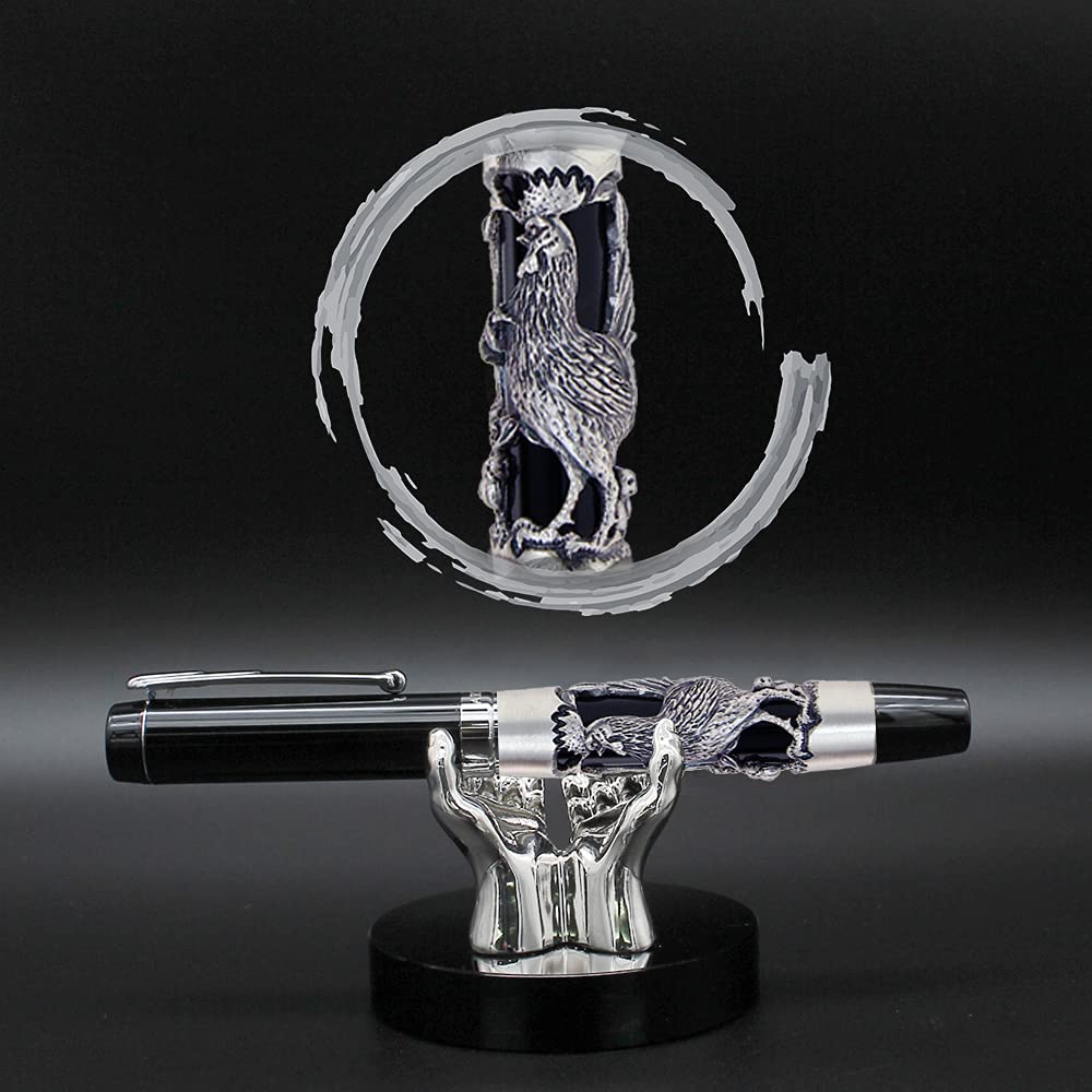 Luxury ARTEX Fountain Pen with Germany Schmidt Nib - Zodiac Relievo Design in Eastern Style - Executive Metal Pen for Professionals - Perfect Gift for Men & Women (Ancient Silver Rooster) - Free Engraving - Ideal for Business Meetings, Signing Documents & Collectors