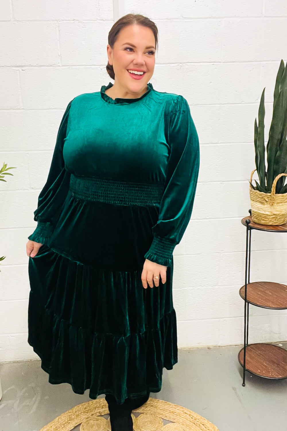 Holiday Dreaming Hunter Green Velvet Mock Neck Smocked Waist Dress for Women - Elegant Holiday Party & Christmas Dinner Outfit