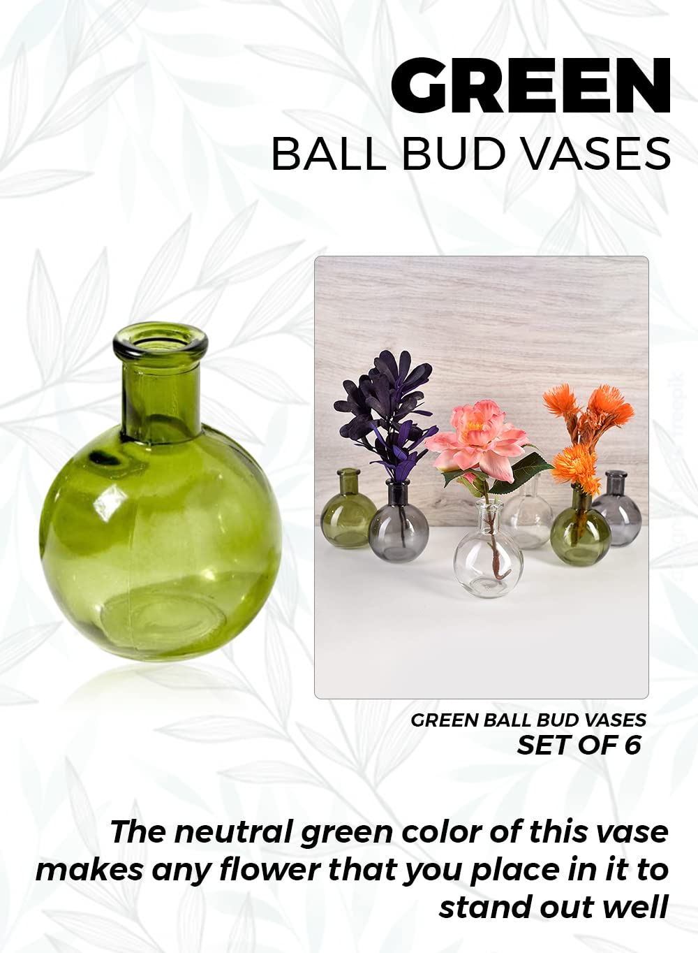 Set of 6 Small Green Glass Ball Bud Vases - 4 Inch Tall Transparent Floral Centerpieces for Wedding Decor, Party Table Settings & Home Decoration | Perfect for DIY Flower Arrangements, Table Centerpieces, and Event Decor