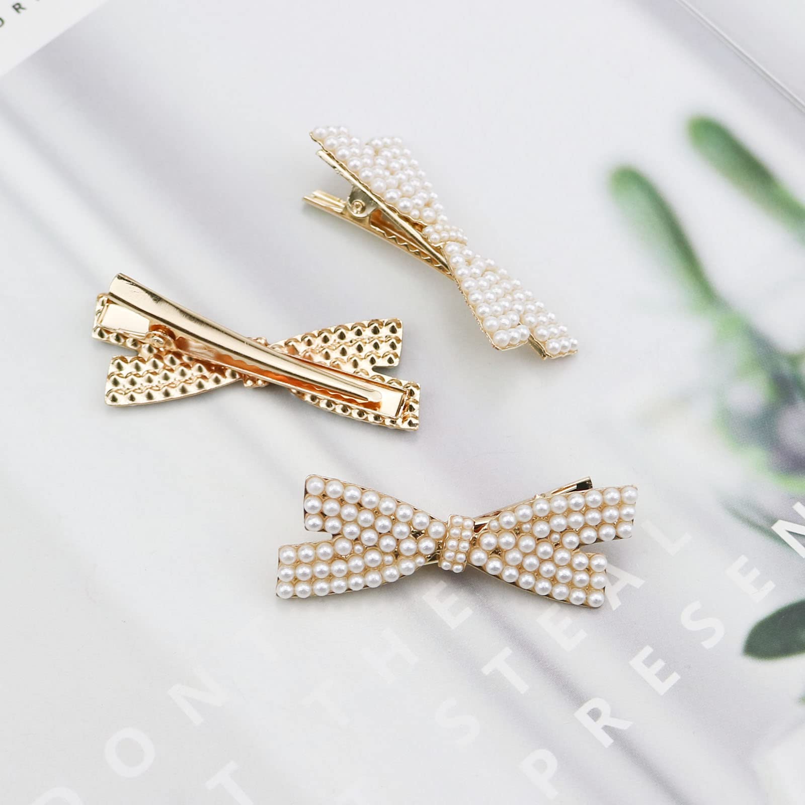 10 Pcs Pearl Bow Hair Clips - Gold Metal Duckbill Hair Claw Clips for Women & Girls - Elegant Hair Accessories for Weddings, Parties & Daily Styling