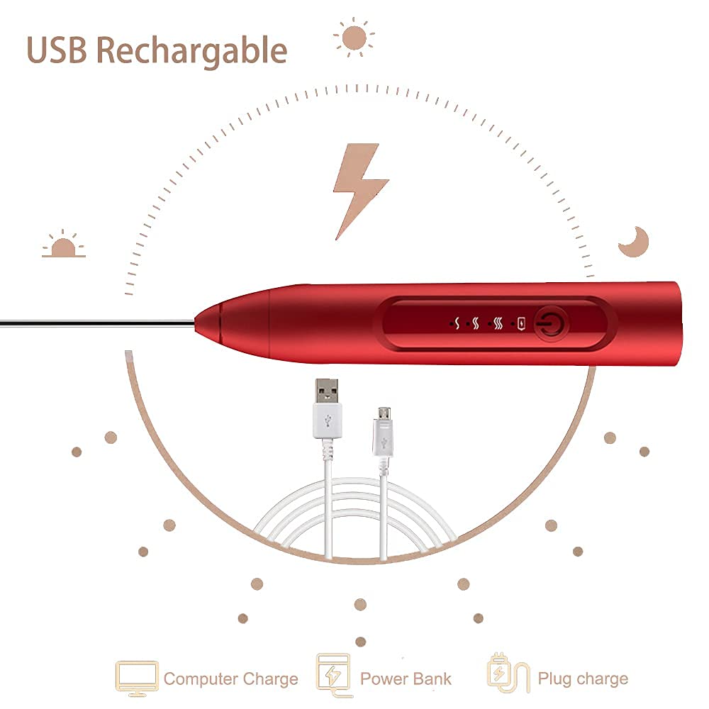 Rechargeable Handheld Milk Frother - 3 Speed Electric Drink Mixer with 2 Stainless Steel Whisk for Cappuccino, Latte & Hot Chocolate (Red) - Perfect for Coffee Shops, Home Kitchen & Office Use