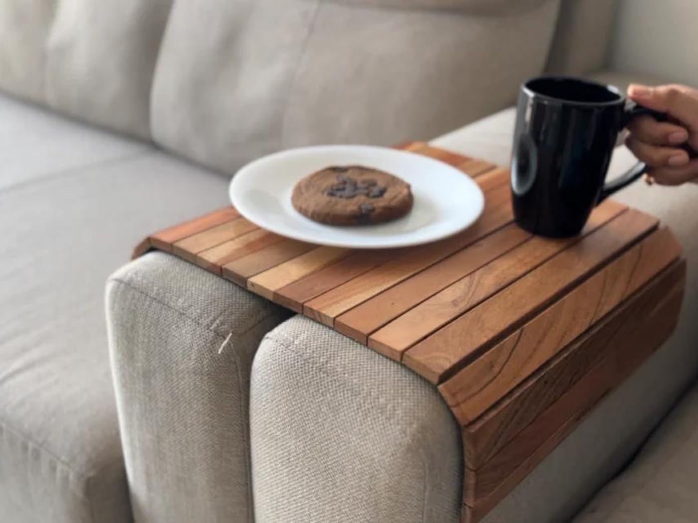Premium Acacia Wood Sofa Armrest Tray - Foldable Couch Arm Table for Food, Drinks & Snacks | 17x11 Inches Handcrafted in India | Perfect for Living Room, Bedroom & Office Use
