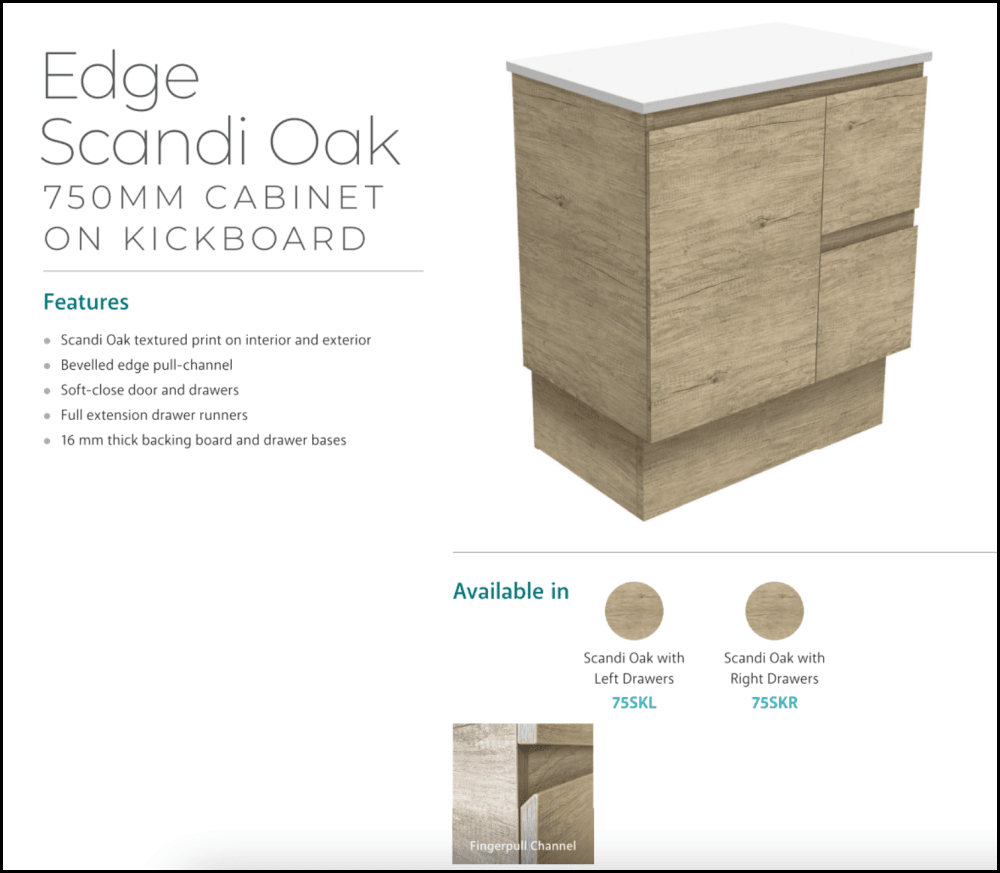 Fienza Crystal Pure SC75SKL 30-Inch Undermount Bathroom Vanity with Stone Top - Scandi Oak Edge, Left Side Drawers & Kickboard - Perfect for Modern & Scandinavian Style Bathrooms