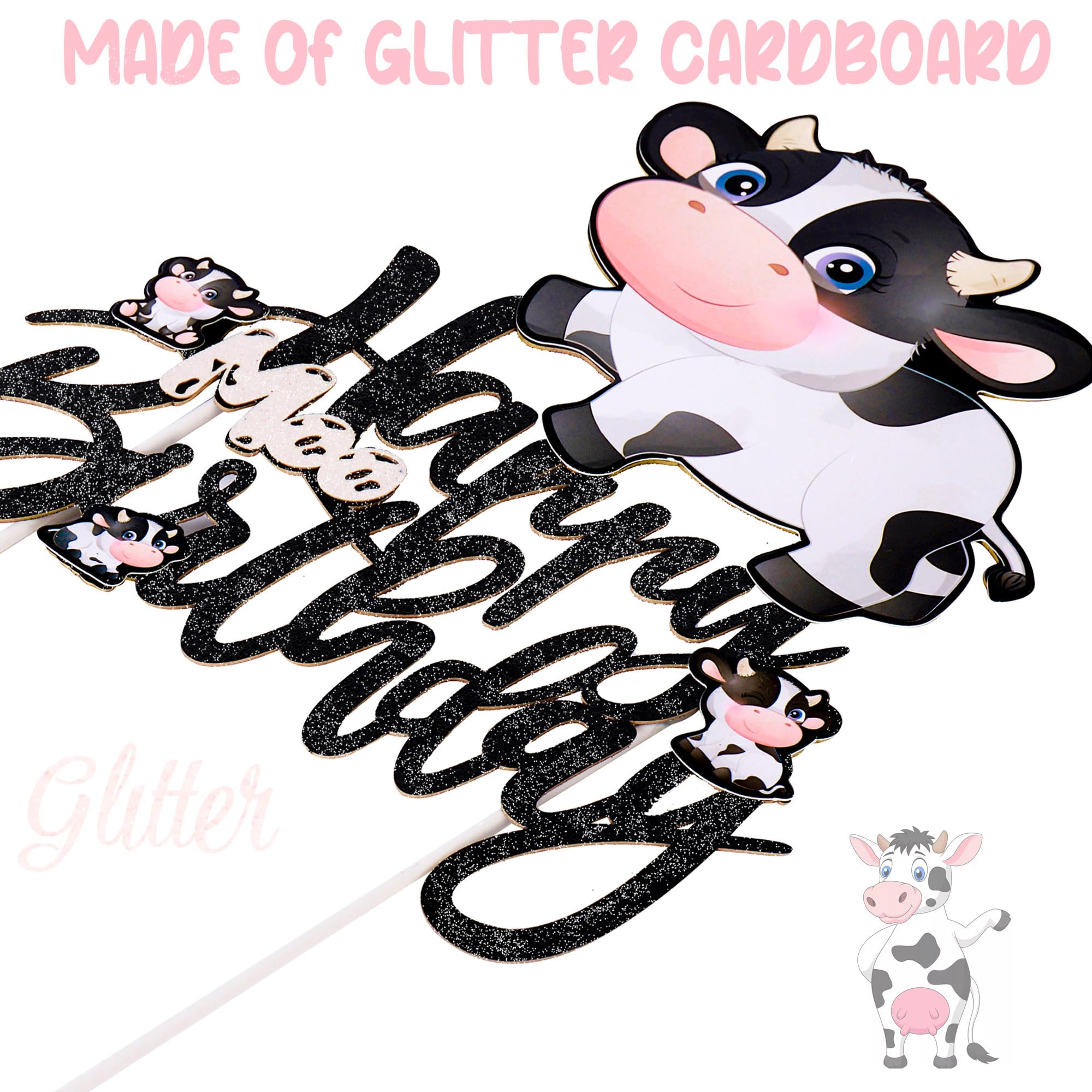 Happy Birthday Cow Cake Topper - Glitter Farm Animal Party Decorations for Kids Birthday, Baby Shower & Zoo Themed Events - Perfect for Farm-Themed Cakes, Cupcakes and Party Desserts