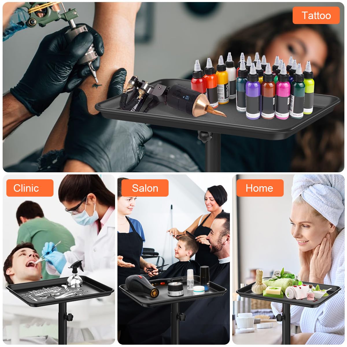 Premium Aluminum Salon Rolling Tray & Adjustable Height Tattoo Cart - Black Professional Beauty Trolley for Hairstylists, Tattoo Artists & Dental Clinics | Ideal for Salon Services, SPA Treatments & Medical Procedures