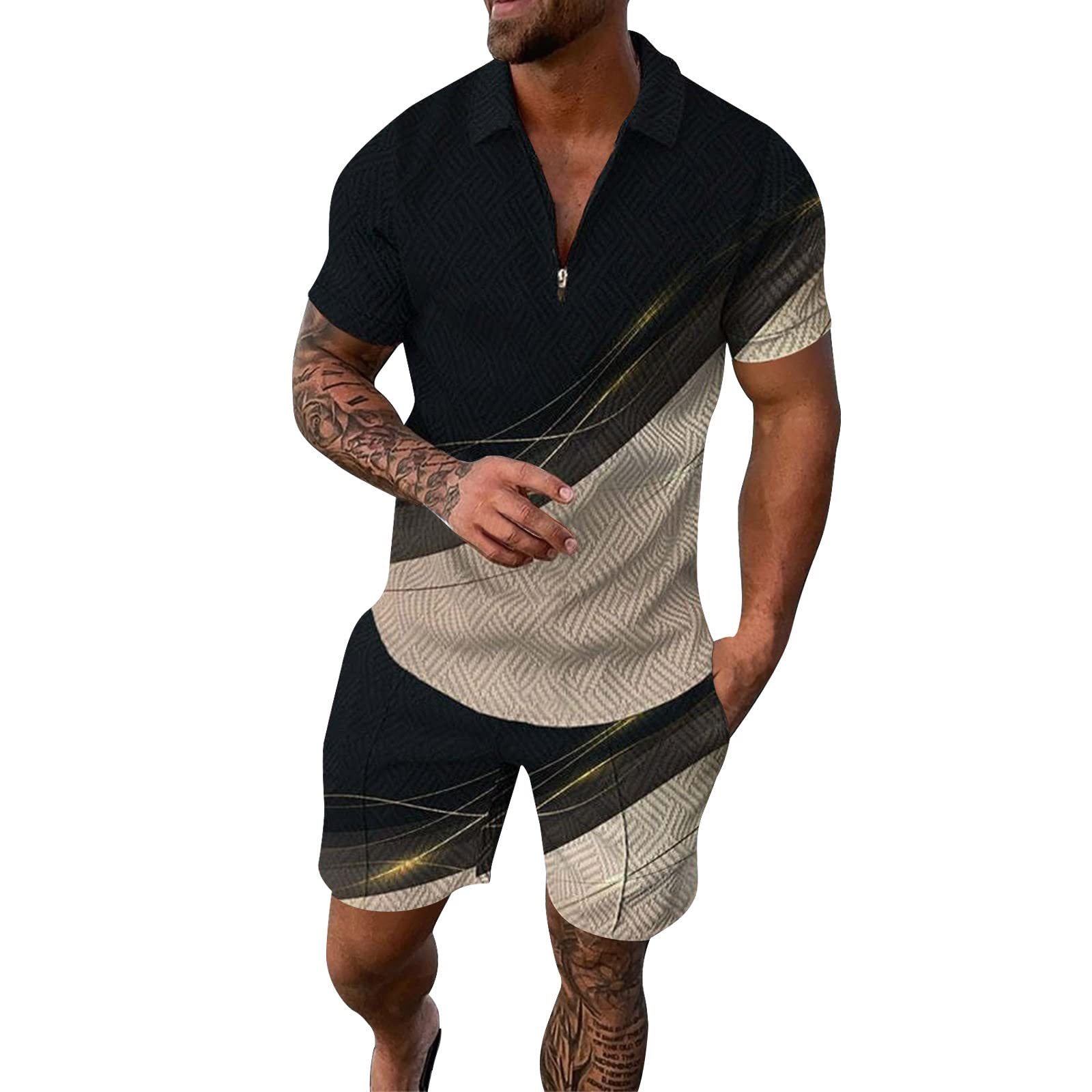 Fossean Men's Cotton Tracksuit Set with Pocket Polo Shirt & Open Hem Joggers - Stylish Activewear for Gym, Running, and Casual Outings
