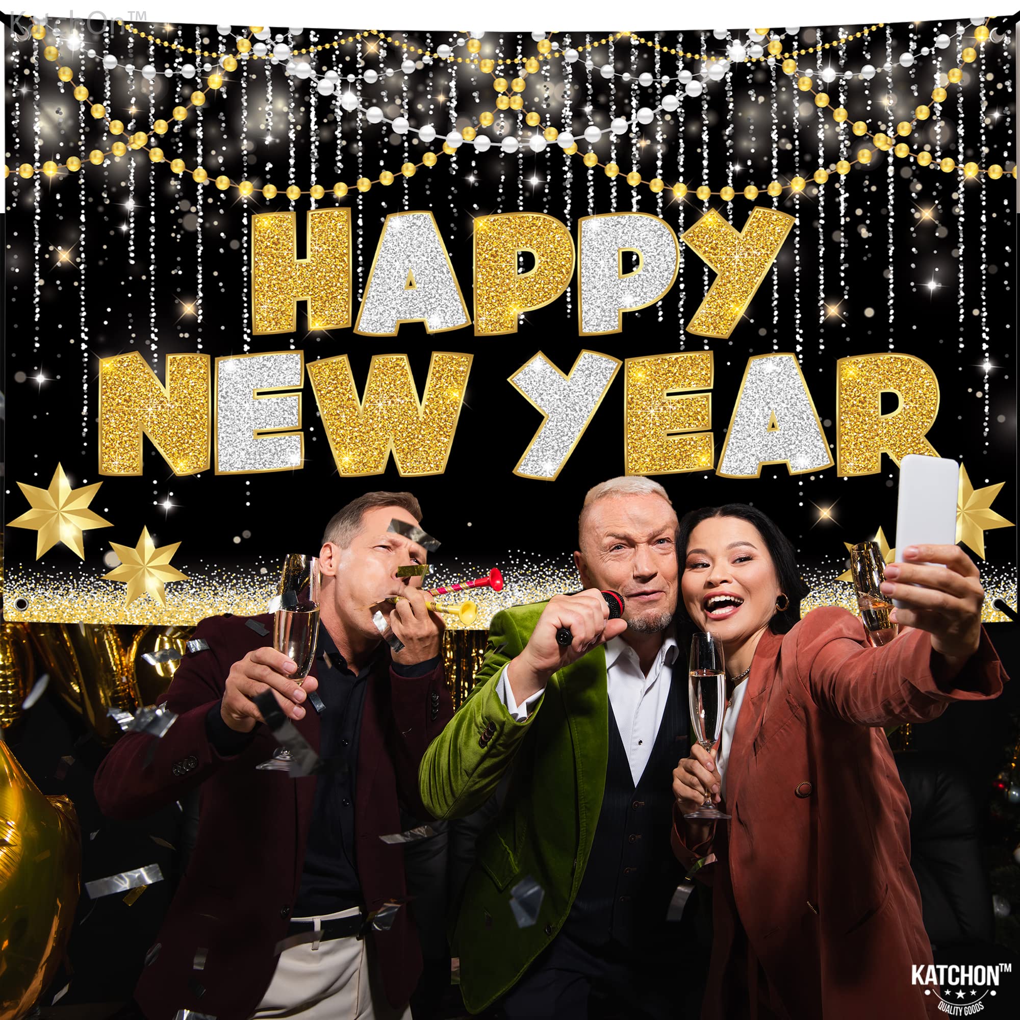 KatchOn Large Happy New Year Banner 72x44 Inch - 2025 New Year Decorations | NYE Party Backdrop & Supplies for New Year's Eve Celebrations | Perfect for Home, Office & Event Decor