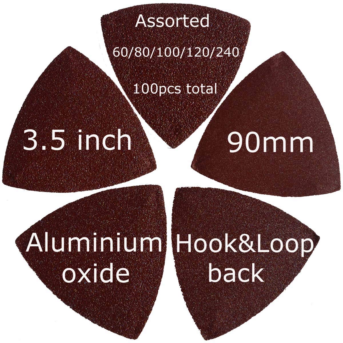 XXGO 100-Piece 3.5-Inch 90mm Triangular Sandpaper Set - 60/80/100/120/240 Grits Hook & Loop Multi-Tool Sanding Discs for Wood, Metal & Paint - Compatible with 3.5