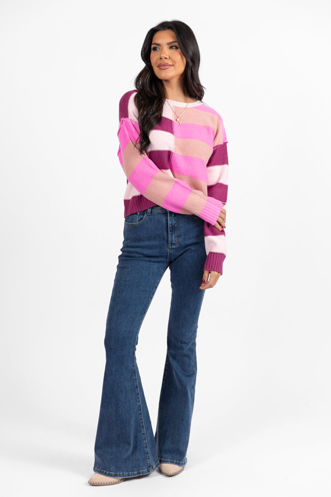 Stylish Pink & Berry Color Block Striped Crop Sweater for Women | Trendy Casual Wear for Spring & Fall | Perfect for Dates, Outings & Layering