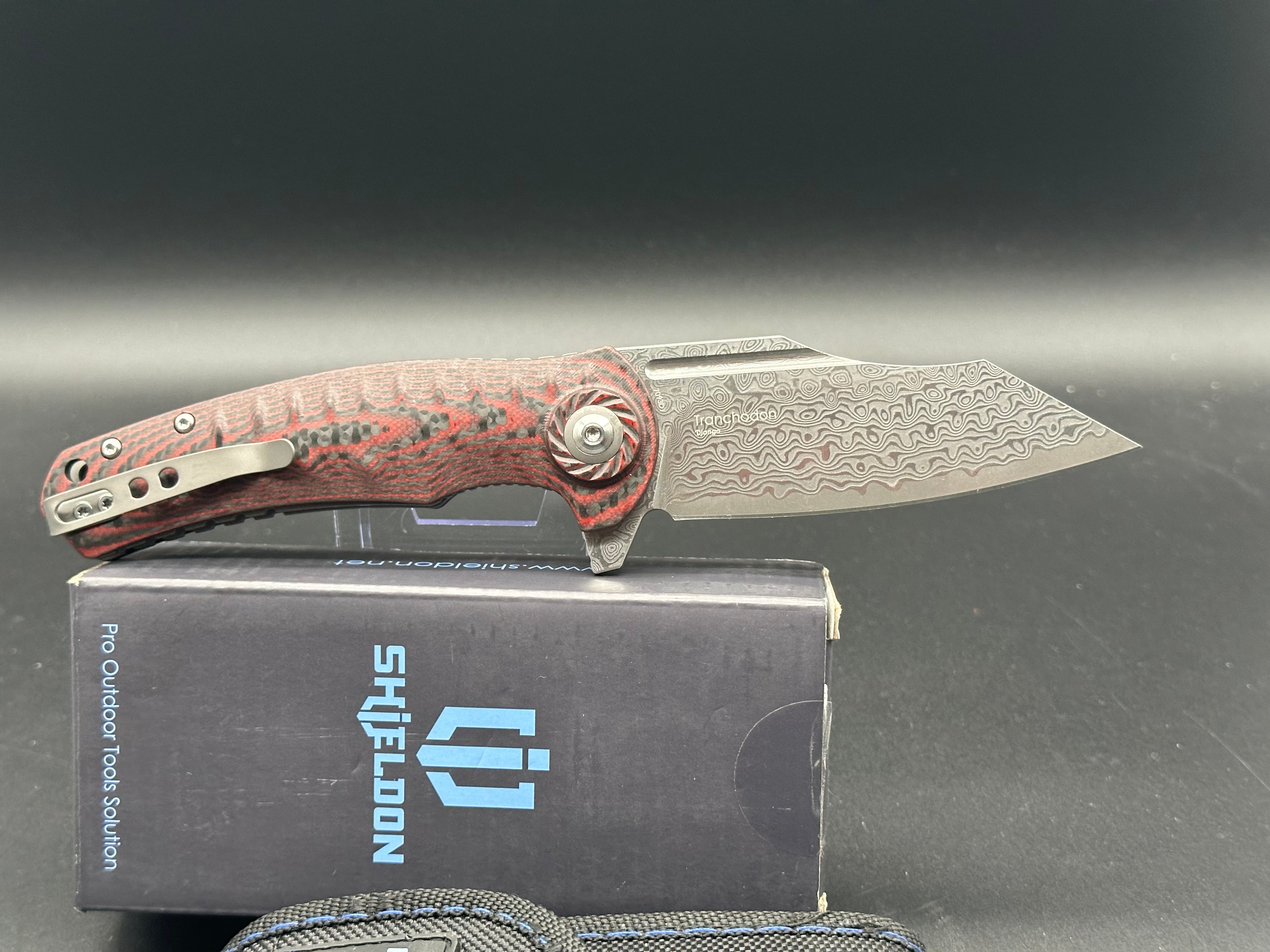 SHIELDON Tranchodon Folding Knife - Red Carbon Fiber & G10 Handle, Reverse Tanto Damascus Blade - EDC, Outdoor Camping, Hunting Survival Tool