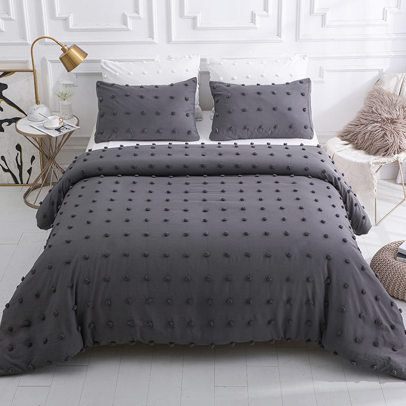 LUCKYBULL 3-Piece Queen Size Tufted Comforter Set - Lightweight Jacquard Chenille Dots Down Alternative Bedding (1 Comforter + 2 Pillowcases) | Soft All-Season Grey Bedspread for Cozy Home & Guest Room Decor