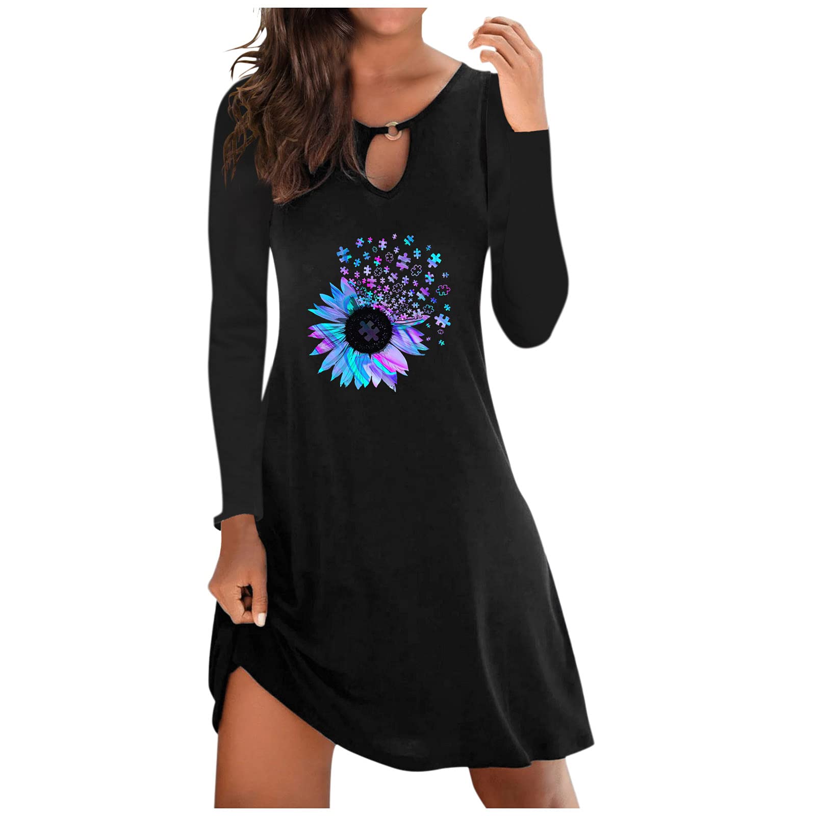Usuming Women's Floral Print Long Sleeve Chiffon Dress - Elegant Casual Home Wear for Spring & Fall | Perfect for Office, Date Night & Special Occasions