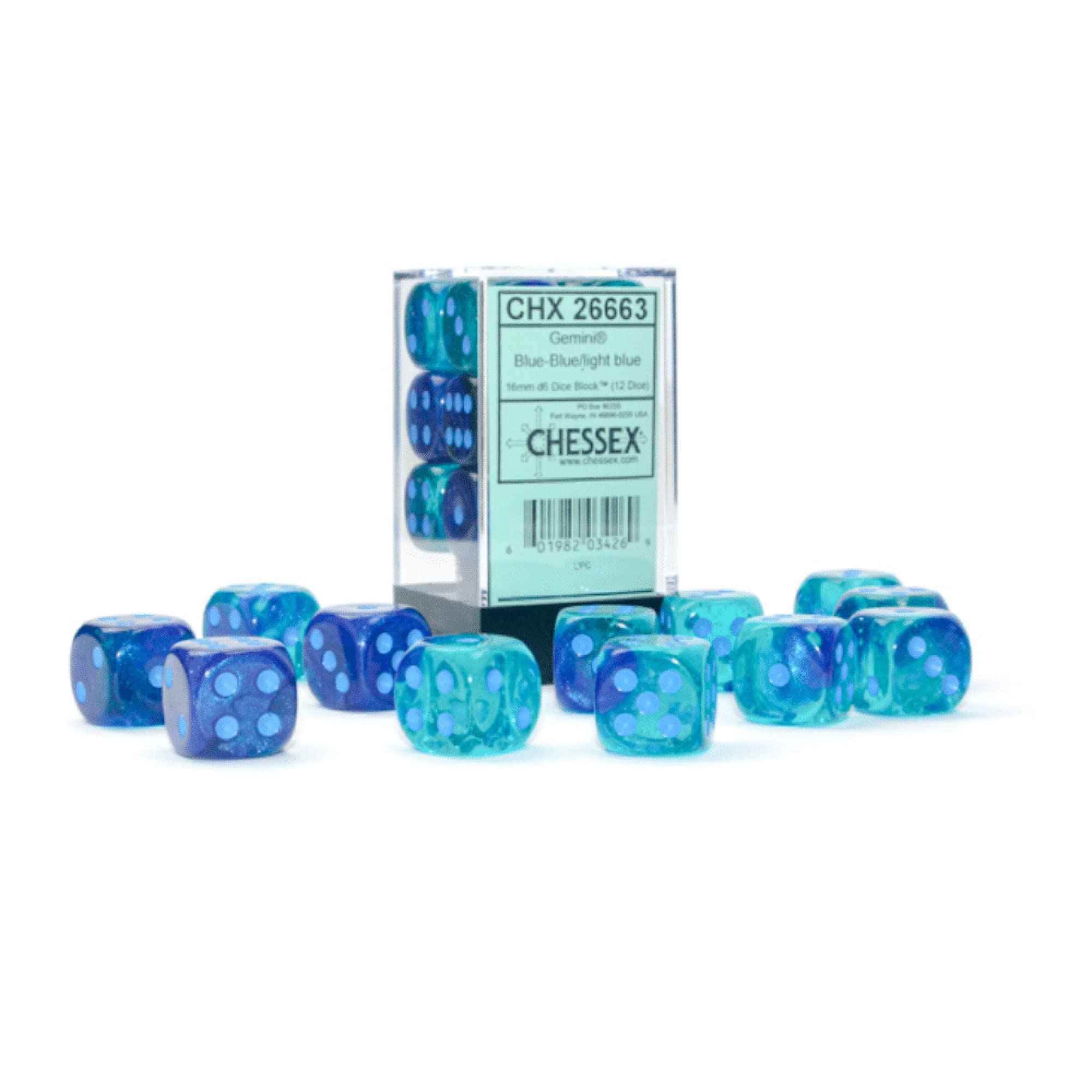 Premium Gemini Dice Block Set - 12 Pack 16mm D6 Dice for Board Games, RPG & Miniature Gaming - Luminary Blue & Light Blue - High Quality Chessex Dice - Perfect for D&D, Pathfinder & Tabletop Adventures