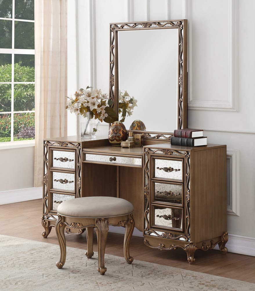 Acme Orianne Vanity Mirror in Antique Gold - Adjustable LED Makeup Mirror with 10X Magnification - Perfect for Dressing Table, Bathroom & Travel