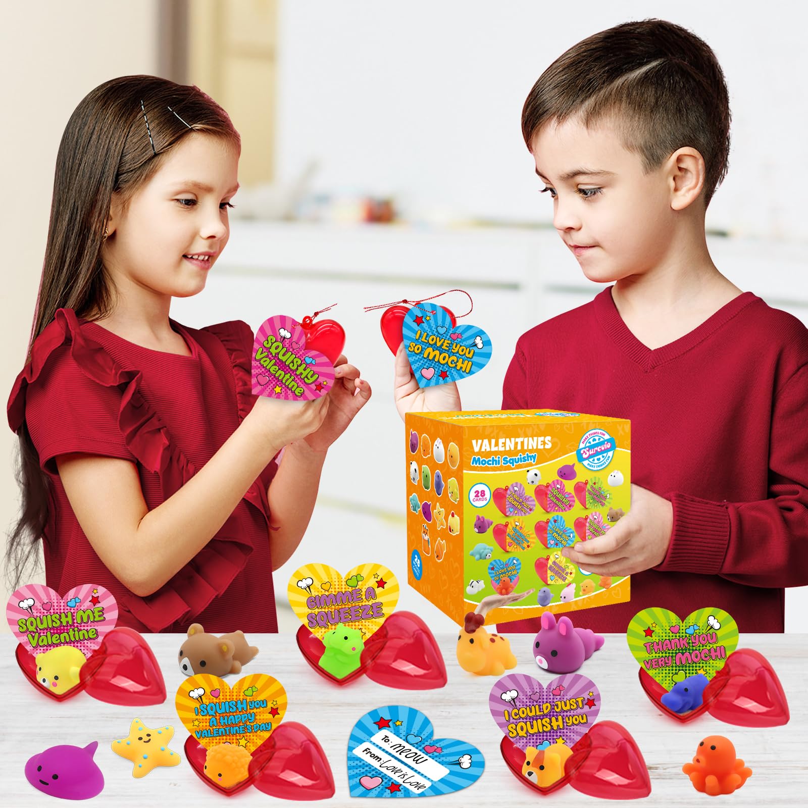28 Pack Kawaii Mochi Squishies - Valentine Stress Relief Toys for Kids, Party Favors & Classroom Gifts