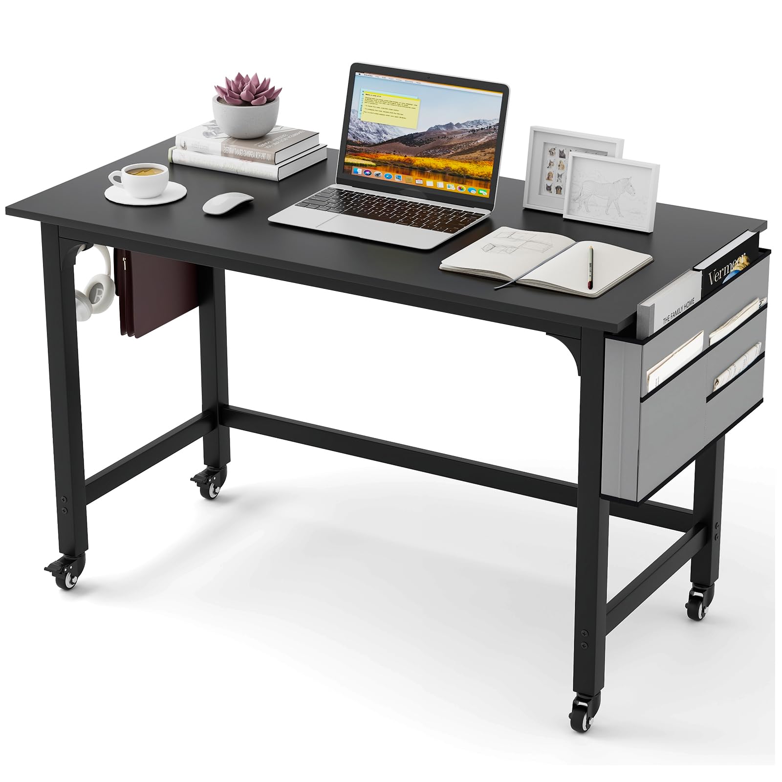 Tangkula 48 Inch Mobile Computer Desk with Storage Bag & 2 Hooks - Rolling Home Office Desk with Lockable Wheels, Study Writing Table for Bedroom, Dorm, Small Space - Perfect for Remote Work & Online Classes
