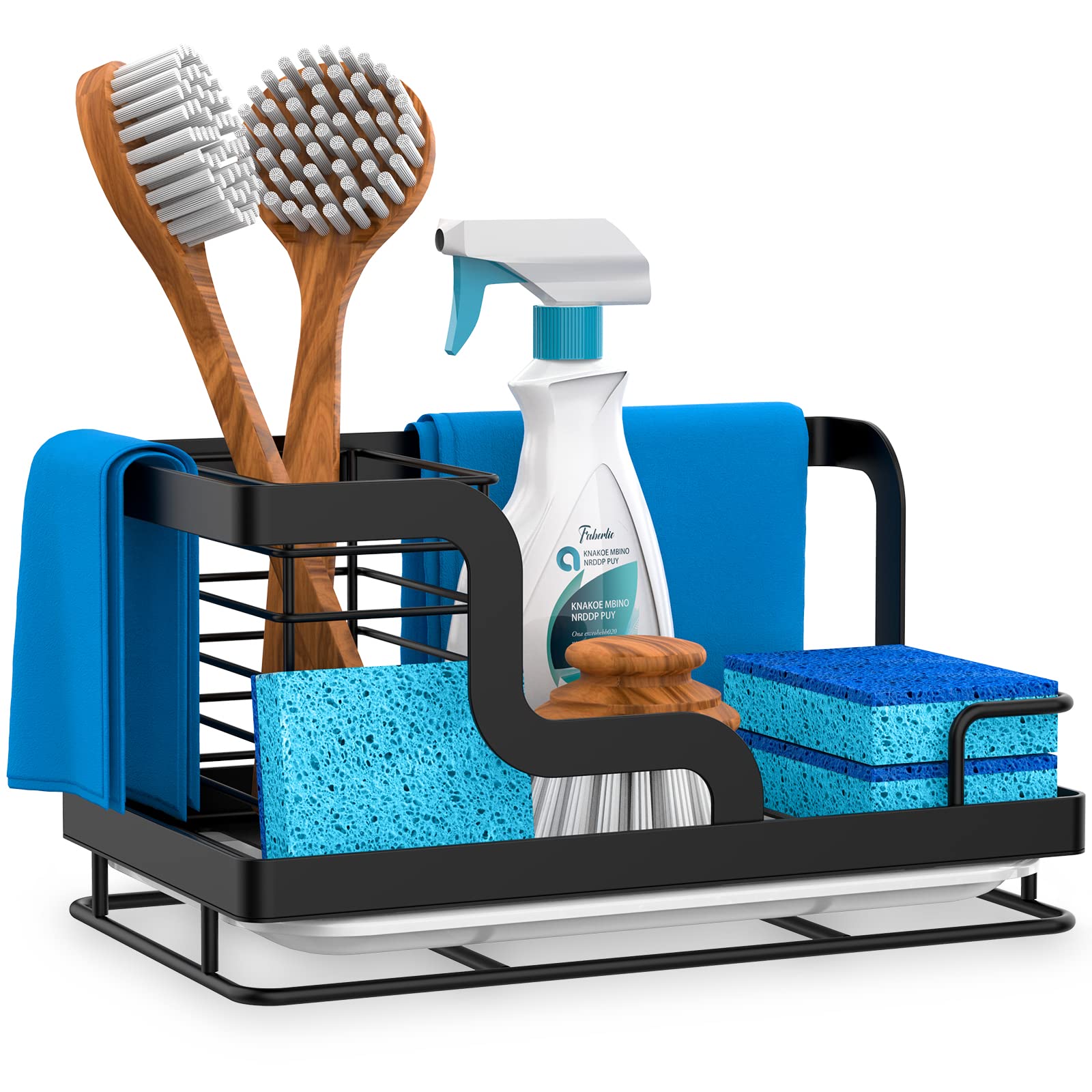 Black Sink Caddy Organizer - Kitchen Sponge, Dish Soap & Scrubber Holder with Removable Drain Pan - Perfect for Kitchen Sink Organization & Cleaning Supplies Storage