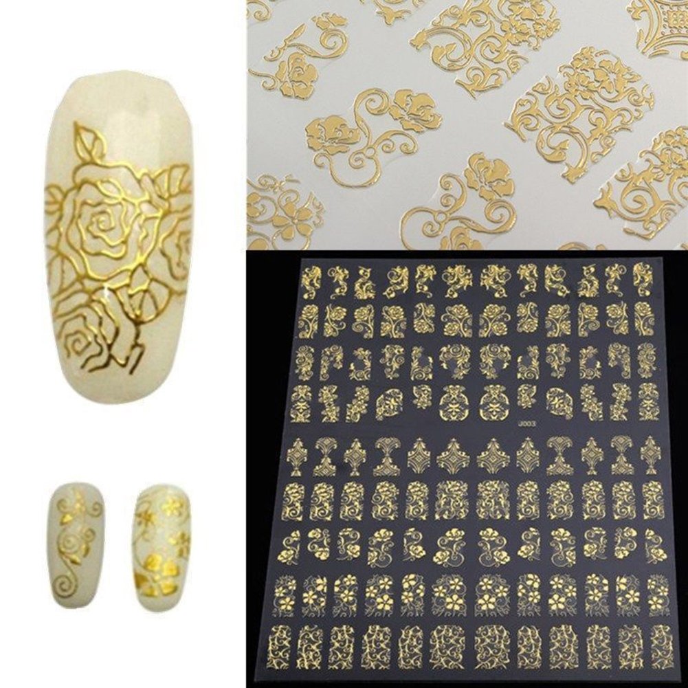 Luxury 3D Gold & Silver Nail Art Stickers - 12 Sheets Mixed Designs DIY Manicure Decals for Nail Tips Decoration | Flower Patterns Nail Foils & Adhesive Stickers | Perfect for Salon, Home Manicure, Parties & Special Occasions