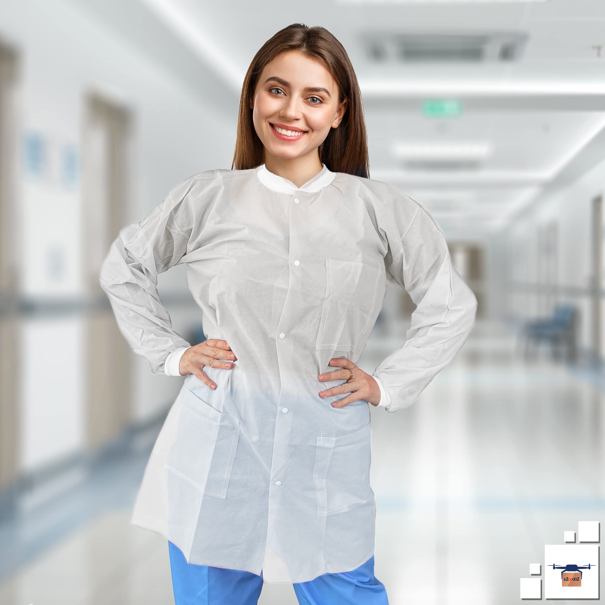 EZGOODZ White Disposable Lab Coats for Adults - Large Size (50 Pack) | Medical PPE Protective Coat with 3 Pockets, Cuffs & Plastic Snaps | 45 GSM Splash-Proof Painting Lab Coat for Healthcare, Labs & Industrial Work