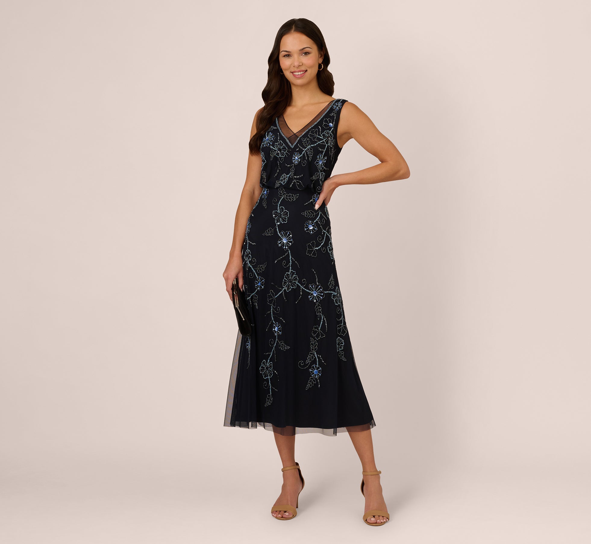 Elegant Sleeveless Beaded Blouson Midi Dress for Women - Midnight Multi Color Floral Party Cocktail Dress | Perfect for Evening Events, Weddings & Special Occasions