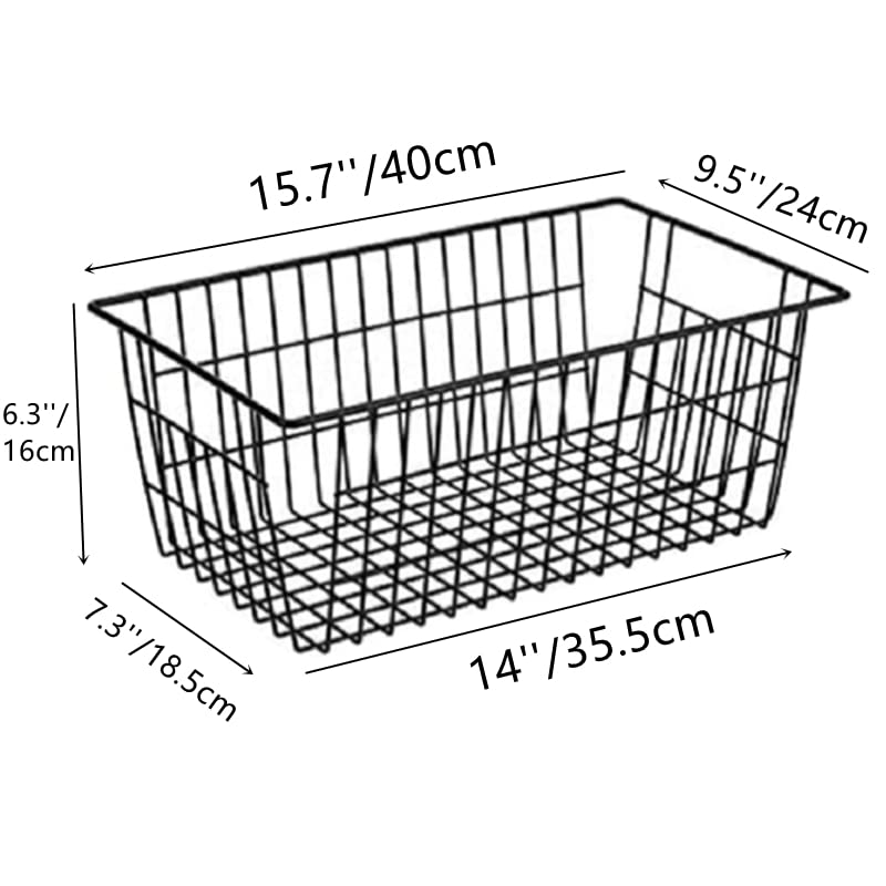 Farmhouse Large Wire Organizer Storage Bins - 2 Pack Black, Freezer & Pantry Basket for Kitchen, Office, Bathroom - Durable Metal Storage Rack with Handles for Home Organization & Decluttering