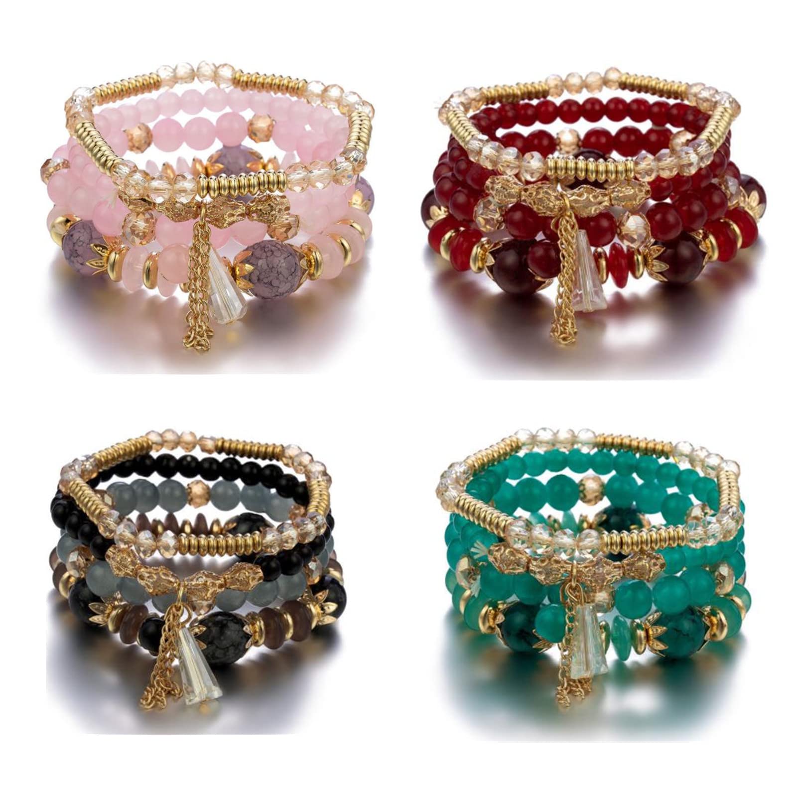 4 Sets Bohemian Stackable Bracelets for Women - Multilayered Stretch Beaded Bracelets with Colorful Crystals - Perfect for Everyday Wear, Parties & Gifts