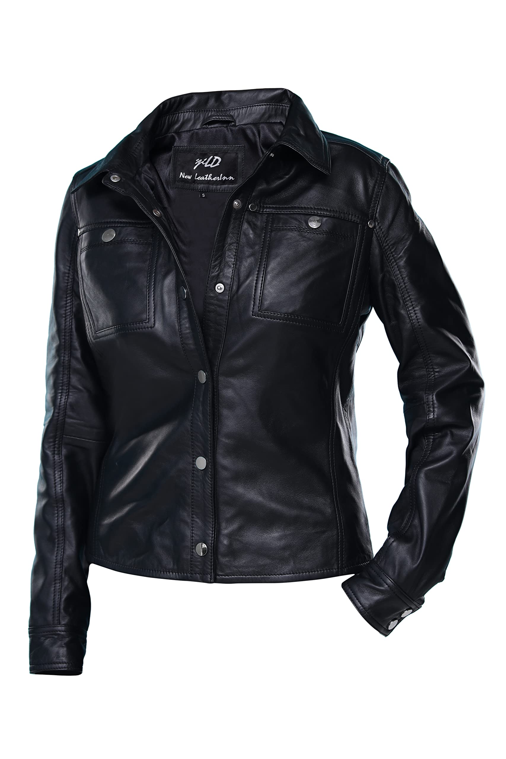Jild Women's Button Front Lambskin Leather Jacket Shacket - Casual Long Sleeve Shirt Jacket with Bust Pocket for Fall Outfits, Date Nights & Street Style Fashion