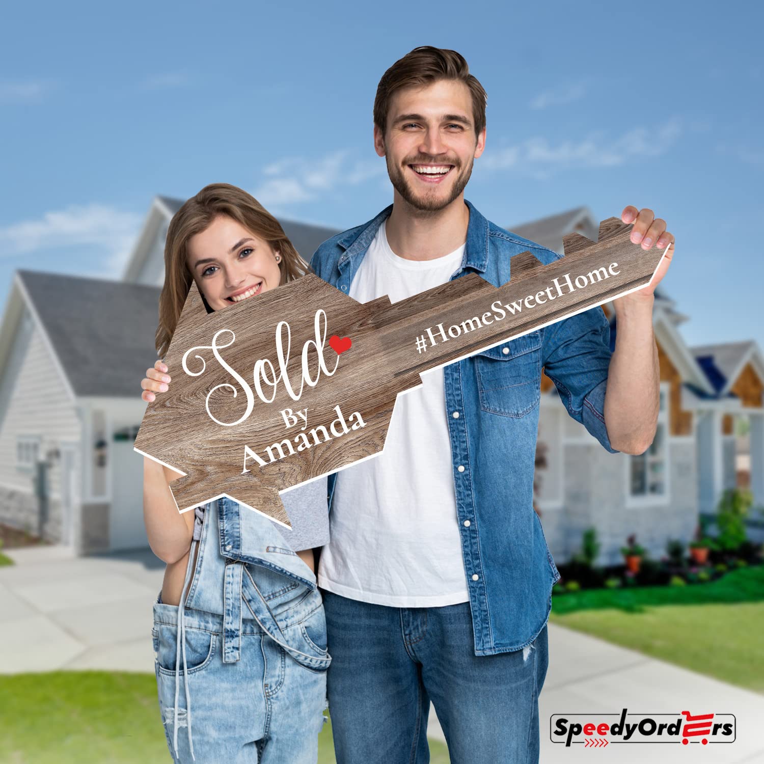 Custom Giant Gold Real Estate Sold Key Sign - Personalized Realtor Marketing Tool for House Closing - Brown Wooden Prop Size S - Perfect for Open Houses, Client Gifts & Social Media Promotion