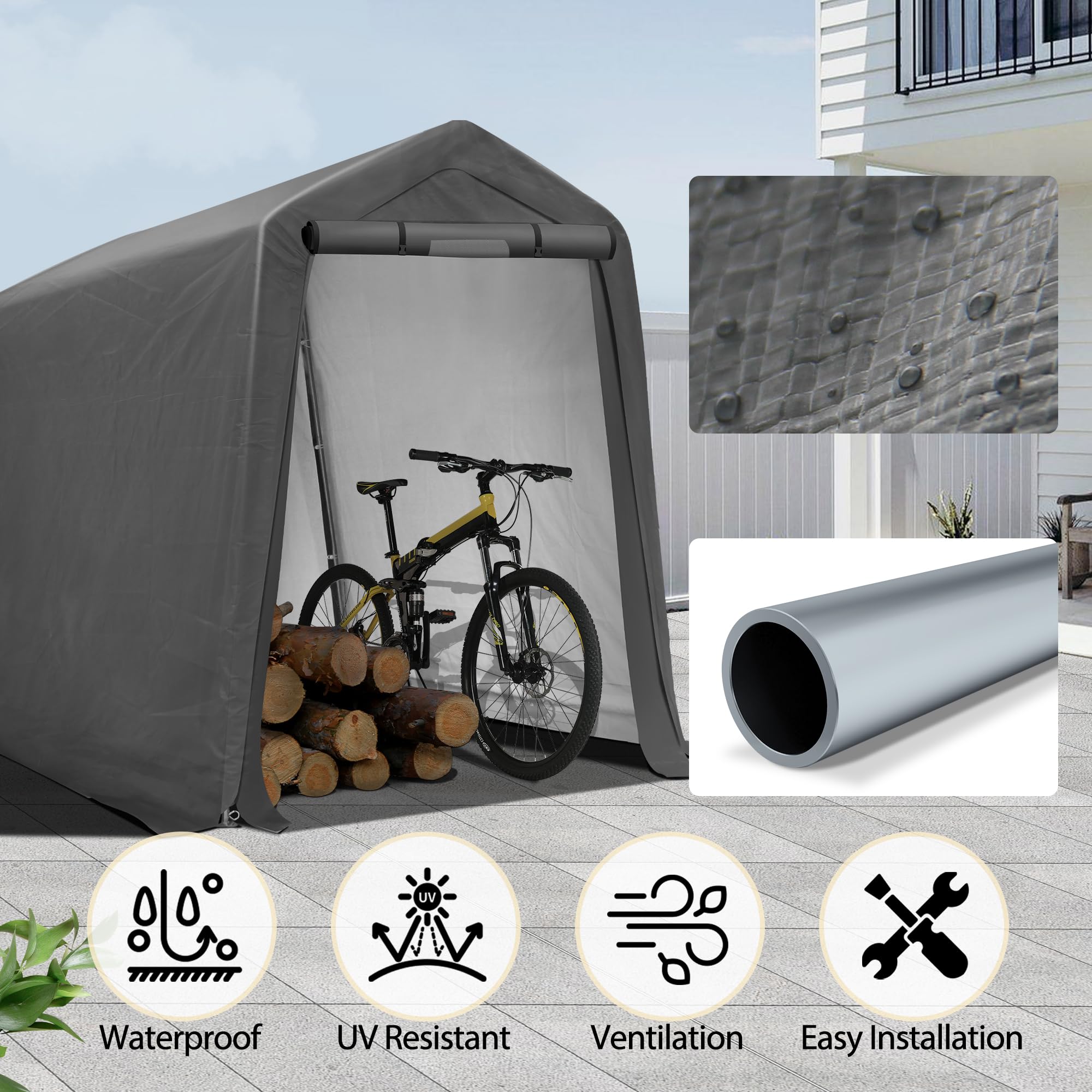 6x7FT Heavy Duty Outdoor Storage Shed - Portable Garage Tent with Roll-up Ventilated Door for Bike, ATV, Motorcycle Shelter | Perfect for Backyard, Garden & RV Storage