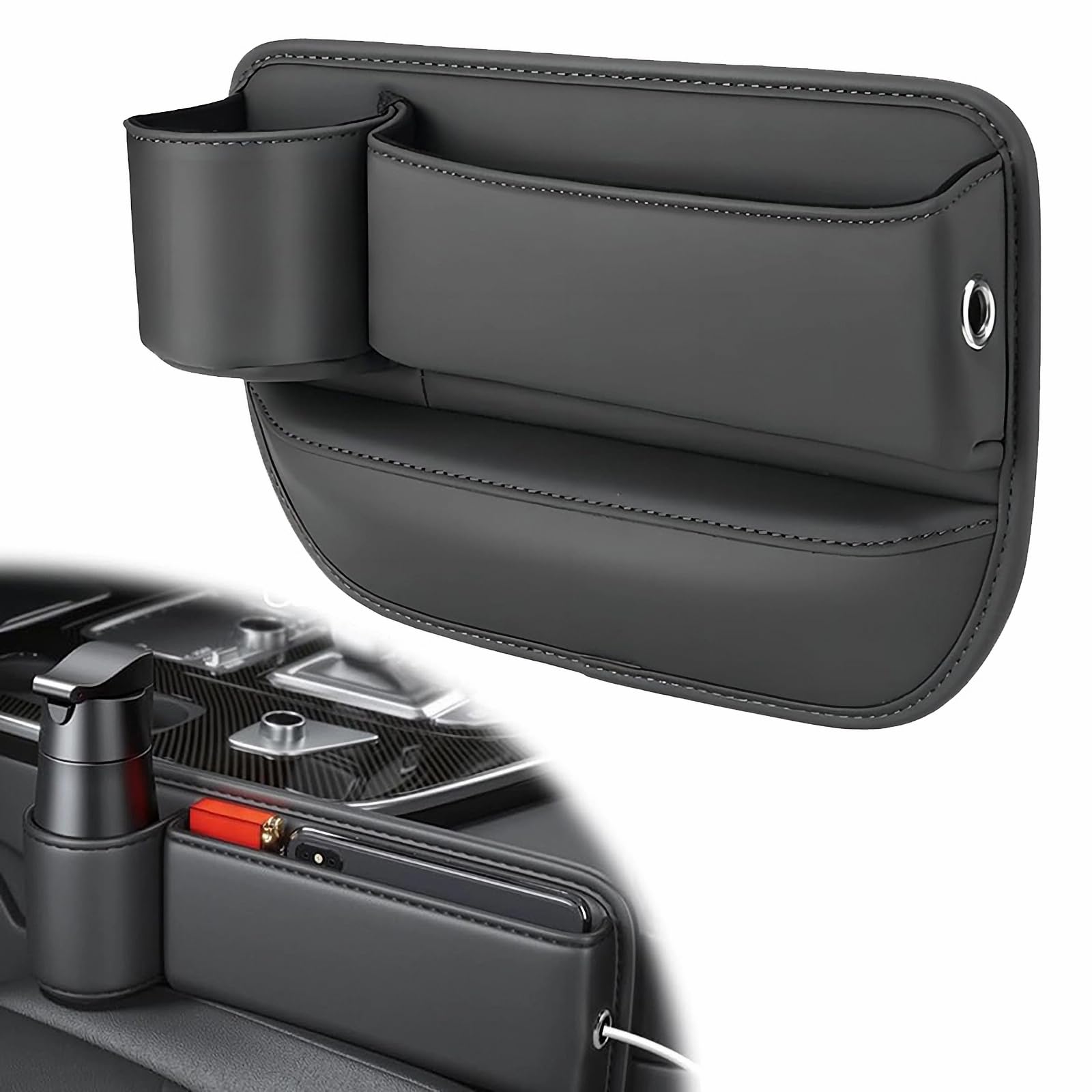 Universal Car Seat Gap Organizer - Adjustable Leather Cup Holder & Storage Box for Phones, Keys, Cards & Glasses | Perfect for Driver's Seat (Black) | Keep Your Car Neat & Organized While Driving