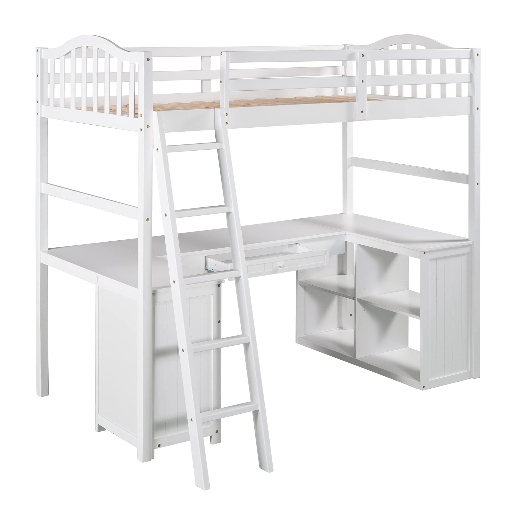 JINS&VICO White Twin Size Wood Loft Bed with Cabinet, Desk, 2 Drawers & Bookcase Shelves - Study Loft Bed Frame with Ladder & Safety Guard Rail (78.1