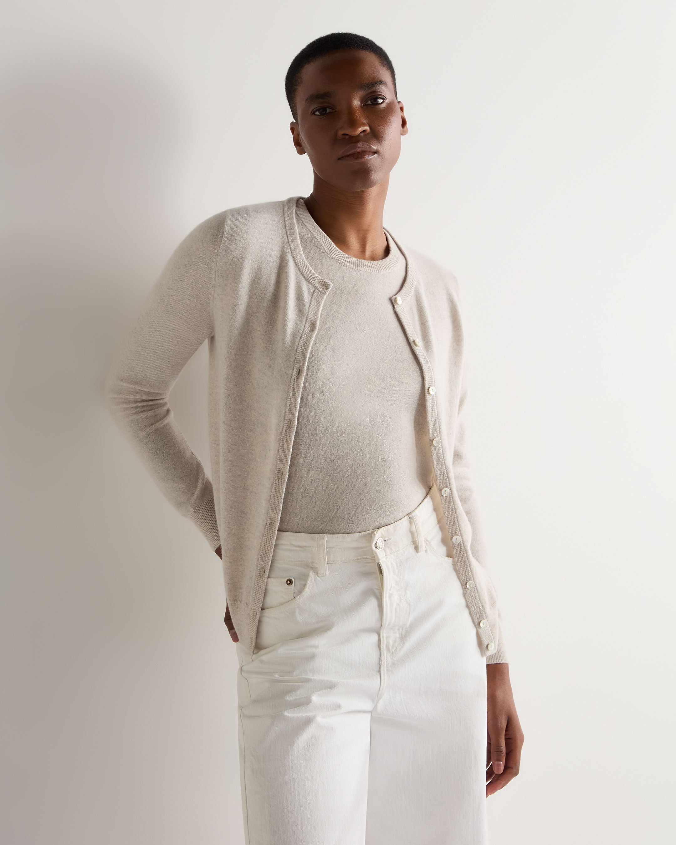 Women's Olivia Round Neck Cashmere Cardigan Sweater - Soft Pebble Grey Winter Pullover for Office Wear & Casual Outfits