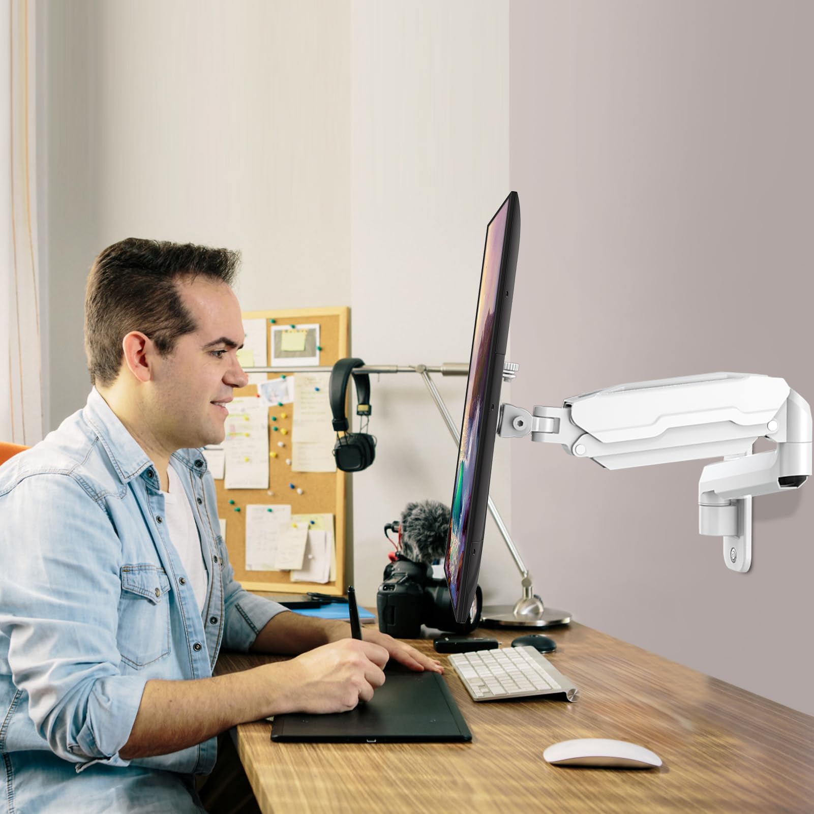 MOUNT PRO Single Monitor Wall Mount Bracket for 13-32 Inch Screens - Gas Spring Monitor Arm with 17.6lbs Capacity - Full Motion Adjustable VESA Mount (75x75/100x100) - White - Perfect for Home Office, Gaming Setup & Workspace Ergonomics