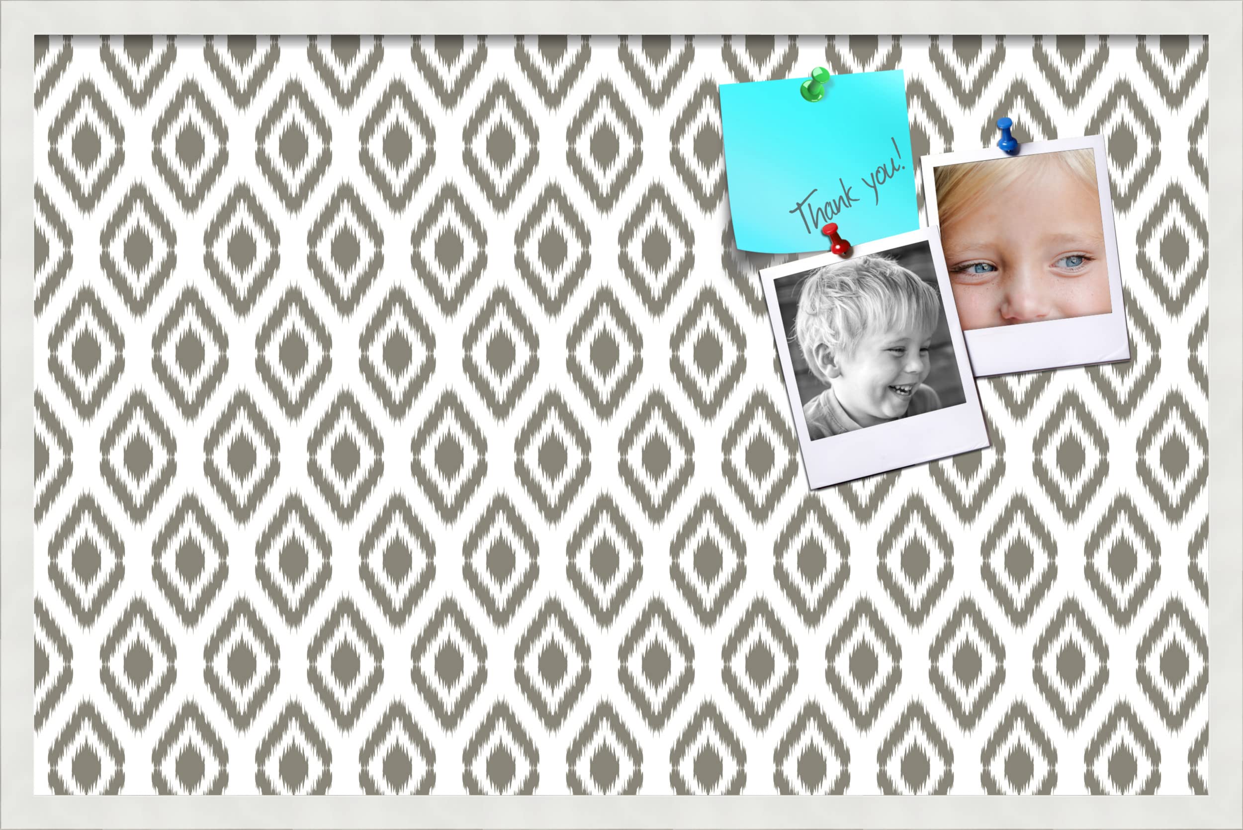 PinPix 34x22 Inch Cork Bulletin Board with Ikat Pewter Design & Satin White Frame - Decorative Wall Organizer for Home Office School - Perfect for Notes, Photos, Reminders and DIY Projects